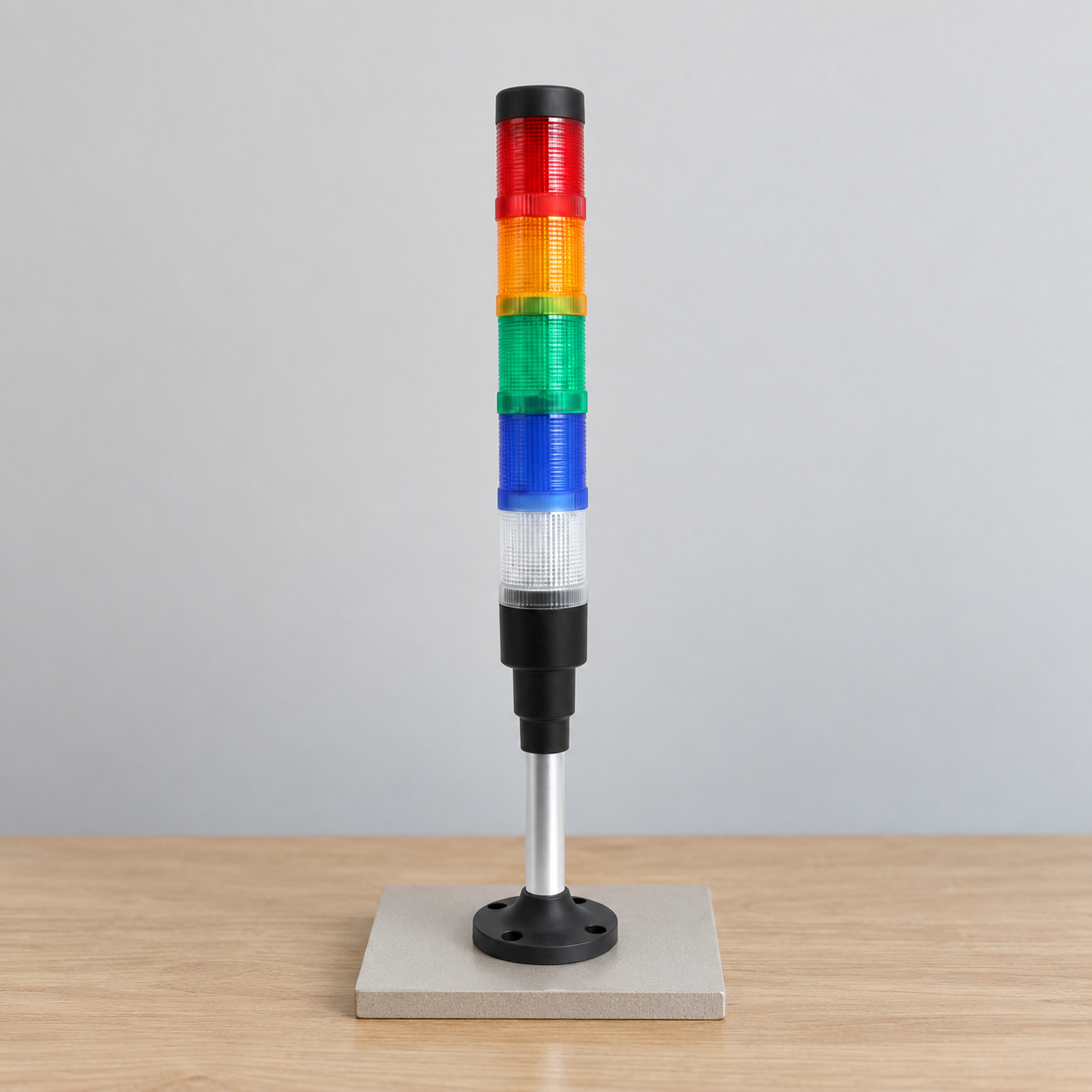 Five-tier tower light signal planning body2 Exact five-tier HBJD-55A tower with red, amber, green, blue and white lenses, original silver pole and round black mounting flange, in a dry indoor scene
