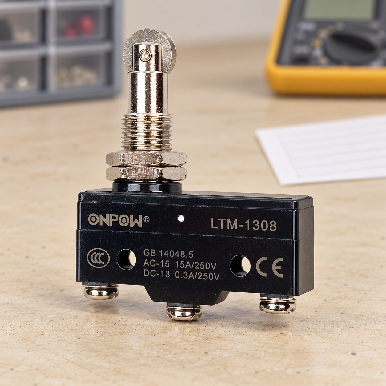 Limit switch contact-symbol interpretation body2 Exact LTM-1308 roller-plunger switch with its original black case, threaded actuator and three screw terminals shown disconnected