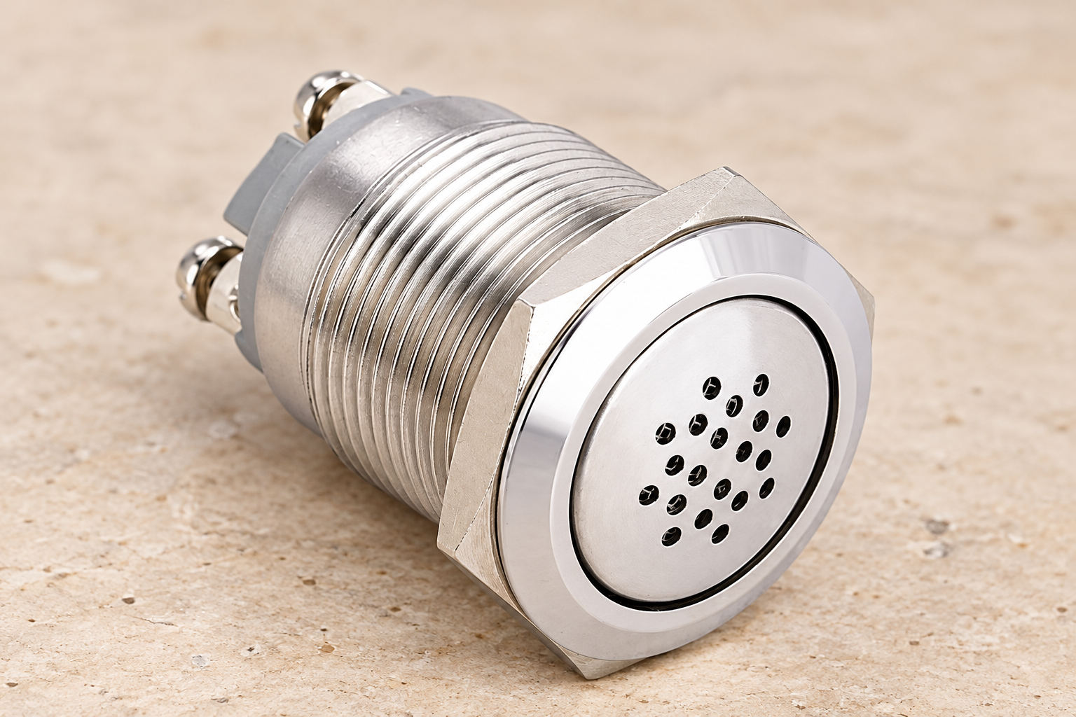 copy-bxb-322w-product body1 product illustration Silver ONPOW panel buzzer with perforated face, threaded cylindrical body and two original screw terminals, disconnected