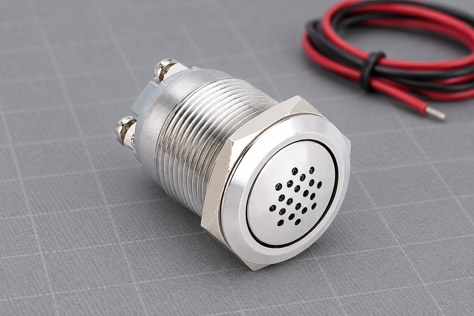 copy-bxb-322w-product body2 product illustration Silver ONPOW panel buzzer with perforated face, threaded cylindrical body and two original screw terminals, disconnected