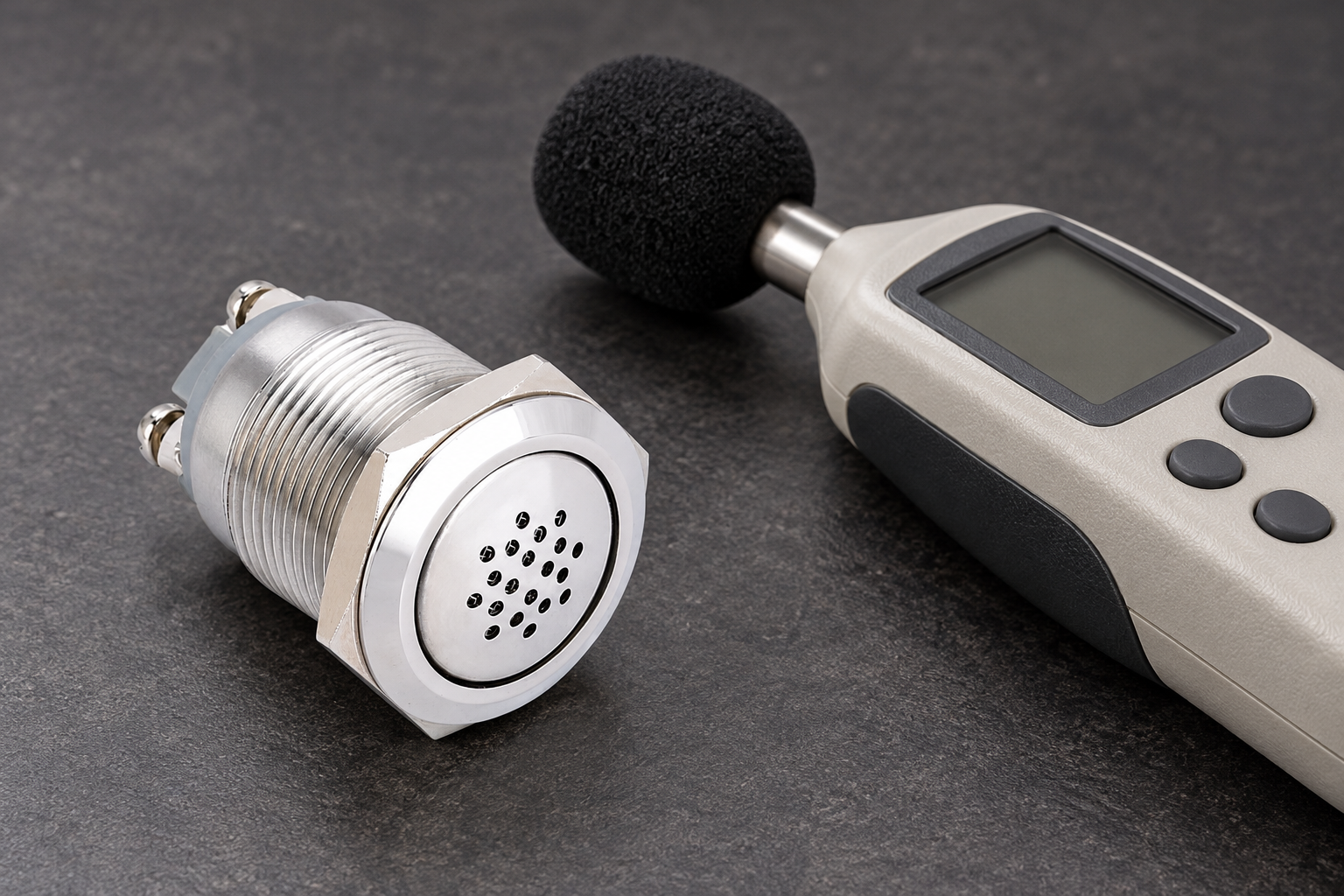copy-bxb-322w-product body1 product illustration Reference-based silver ONPOW buzzer illustrating acoustic assessment and mounting considerations, disconnected