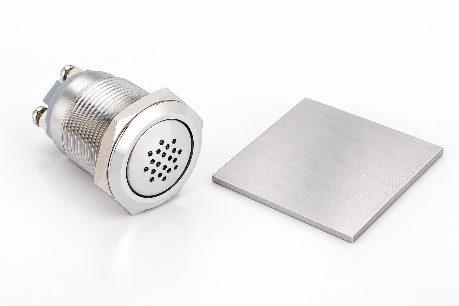 copy-bxb-322w-product body2 product illustration Reference-based silver ONPOW buzzer illustrating acoustic assessment and mounting considerations, disconnected