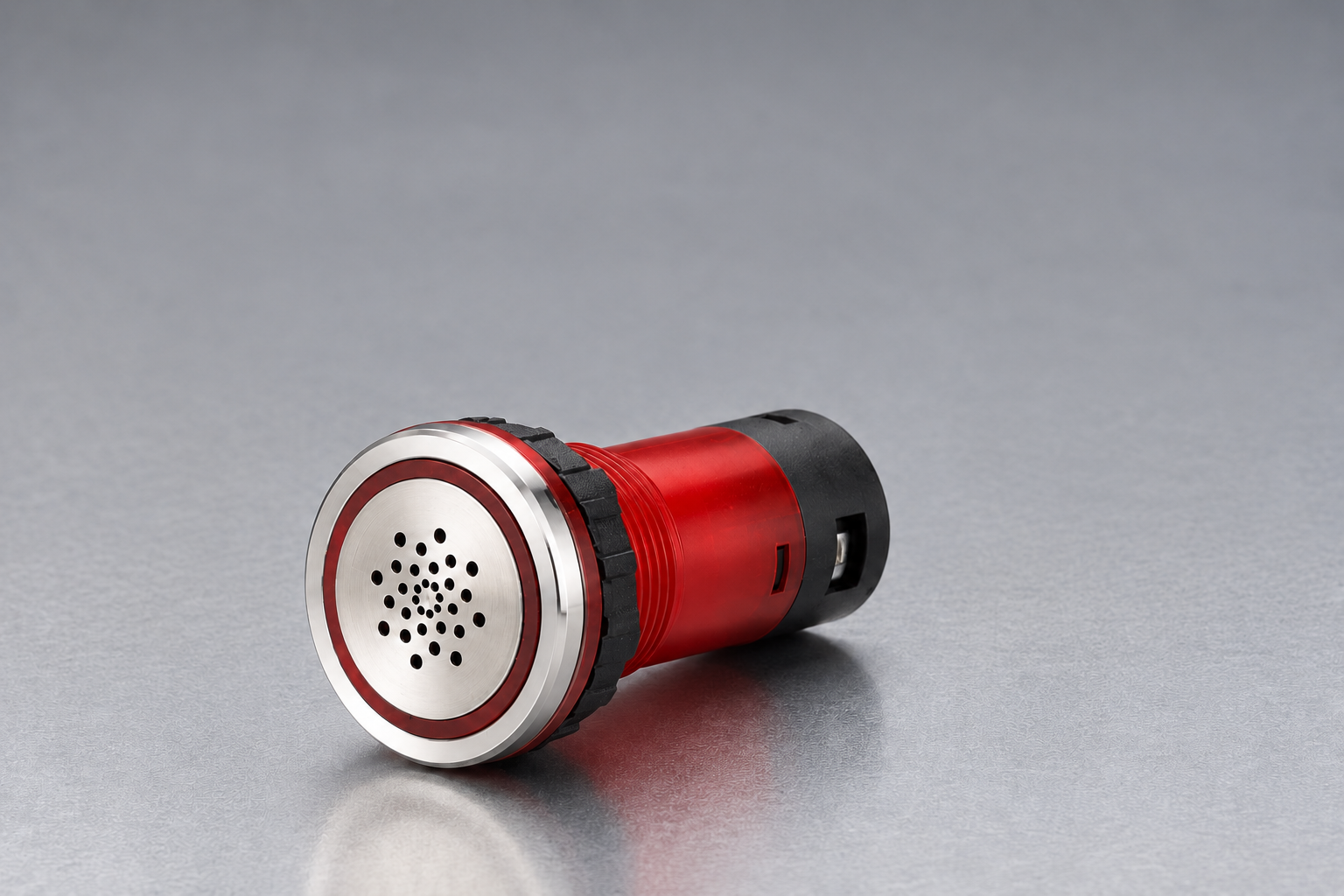buzzer-product body1 product illustration ONPOW39 red cylindrical audible-visual buzzer with perforated silver face, red ring and black mounting nut, unpowered