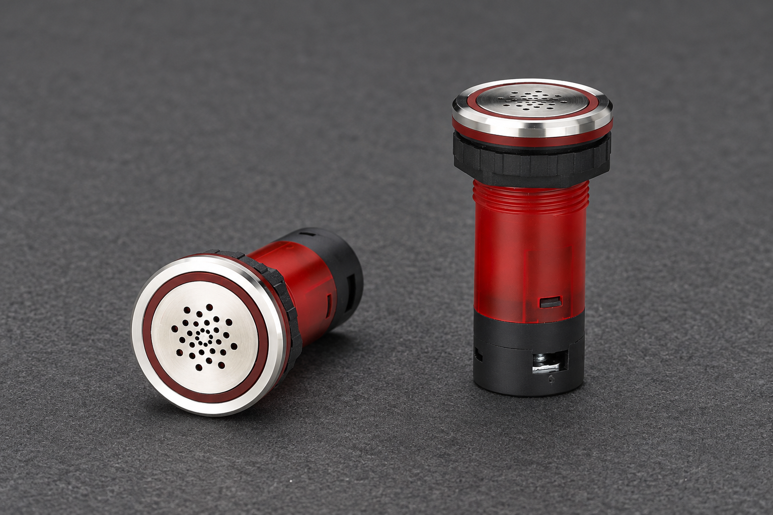 buzzer-product body2 product illustration ONPOW39 red cylindrical audible-visual buzzer with perforated silver face, red ring and black mounting nut, unpowered