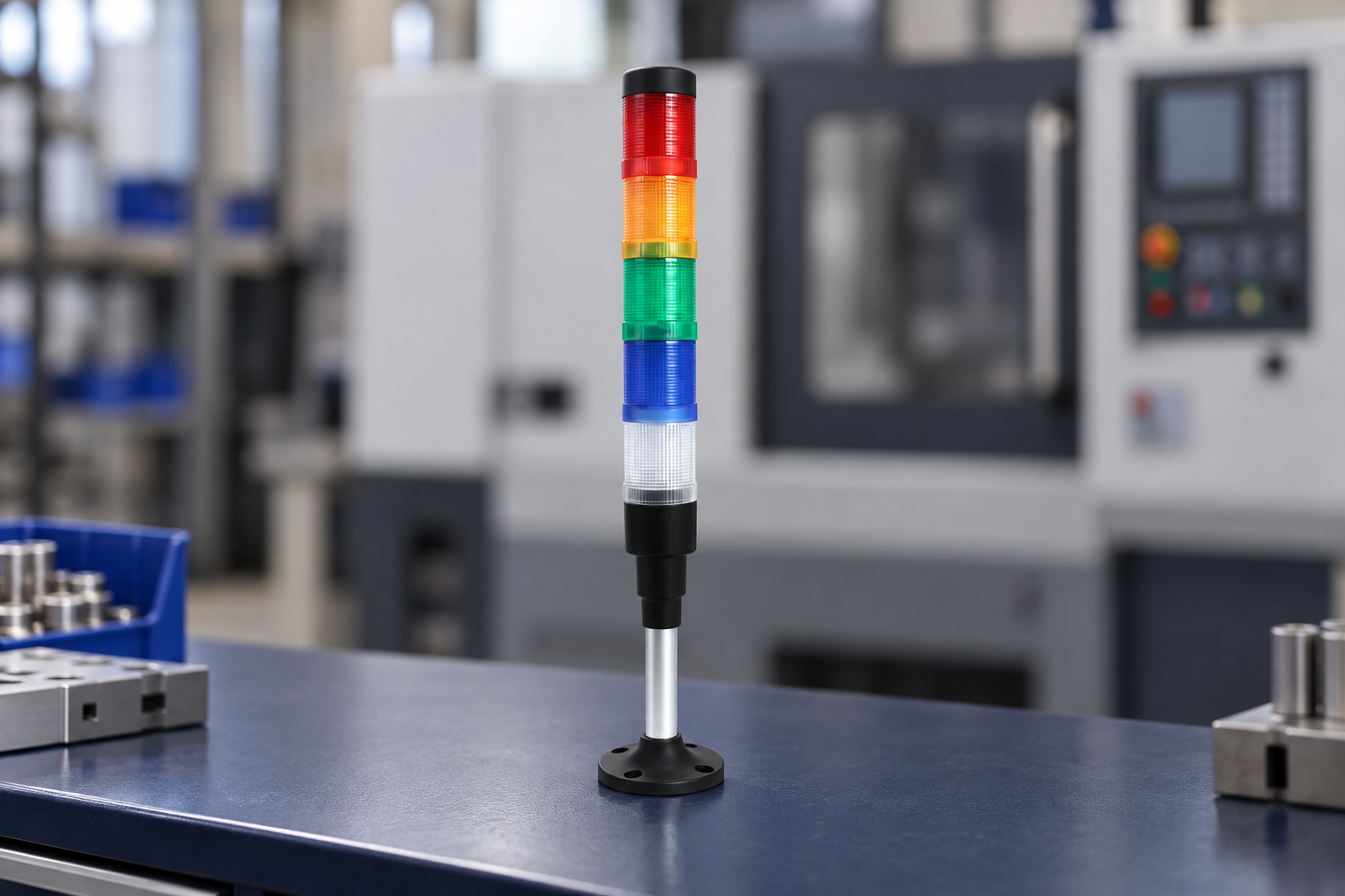 hbjd-55ad3rygbwa-product body1 product illustration Reference-based ONPOW five-tier signal tower with red, amber, green, blue and clear lenses, black base and silver pole, unpowered