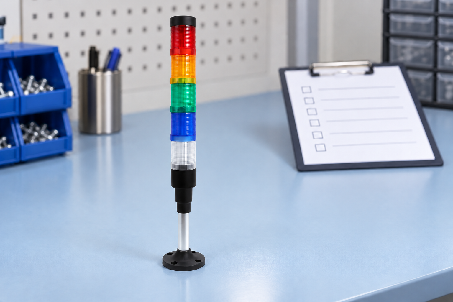 hbjd-55ad3rygbwa-product body2 product illustration Reference-based ONPOW five-tier signal tower with red, amber, green, blue and clear lenses, black base and silver pole, unpowered
