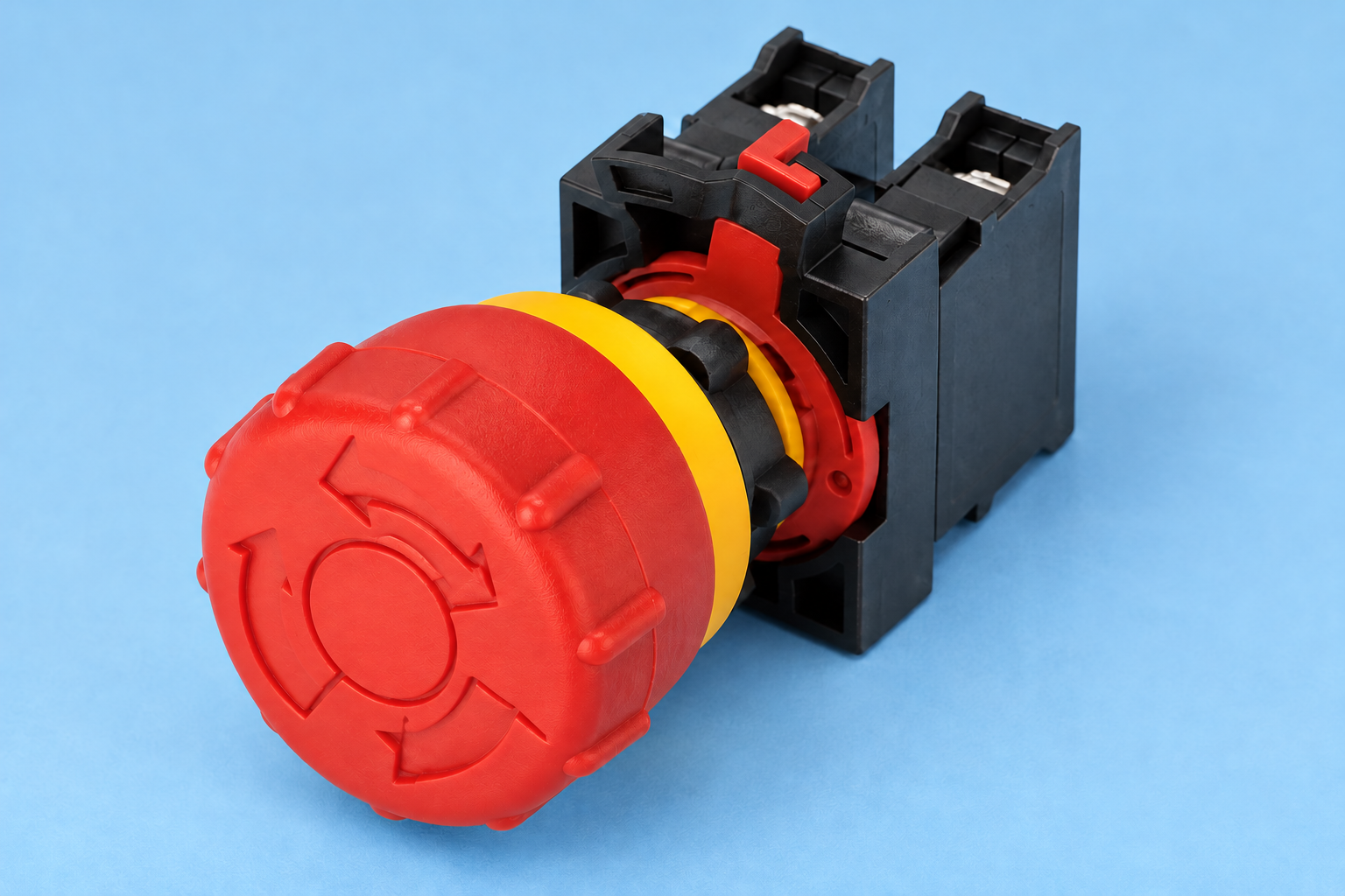 Emergency-stop reset troubleshooting body1 Reference-based ONPOW26-11TSA red twist-release emergency-stop assembly with yellow collar and black contact blocks, disconnected