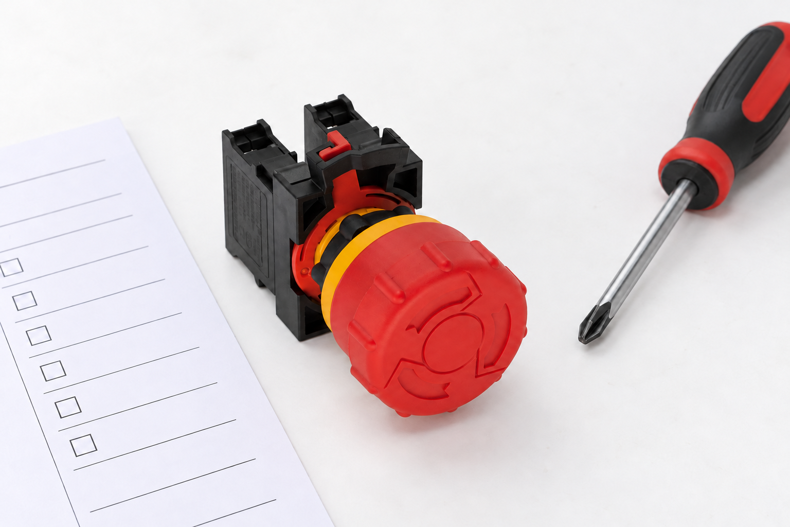 Emergency-stop reset troubleshooting body2 Reference-based ONPOW26-11TSA red twist-release emergency-stop assembly with yellow collar and black contact blocks, disconnected