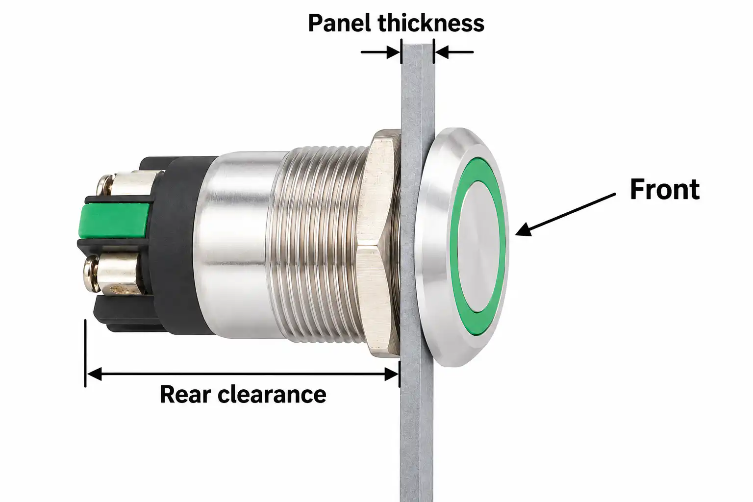 Teaching view of a push button mounted through a panel with one retaining nut behind it Teaching view of a push button mounted through a panel with one retaining nut behind it