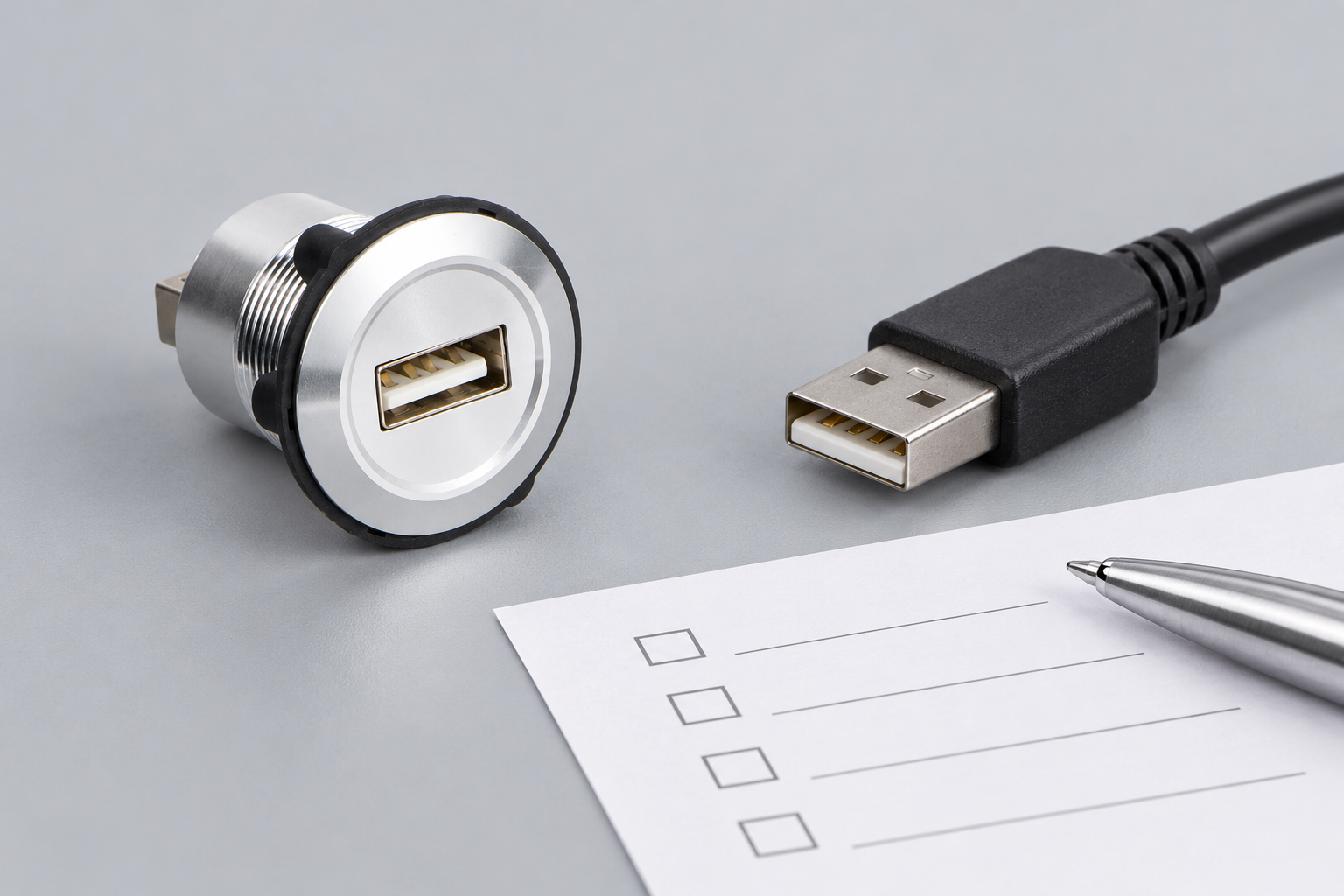 USB-A panel connector beside a separate unplugged USB cable