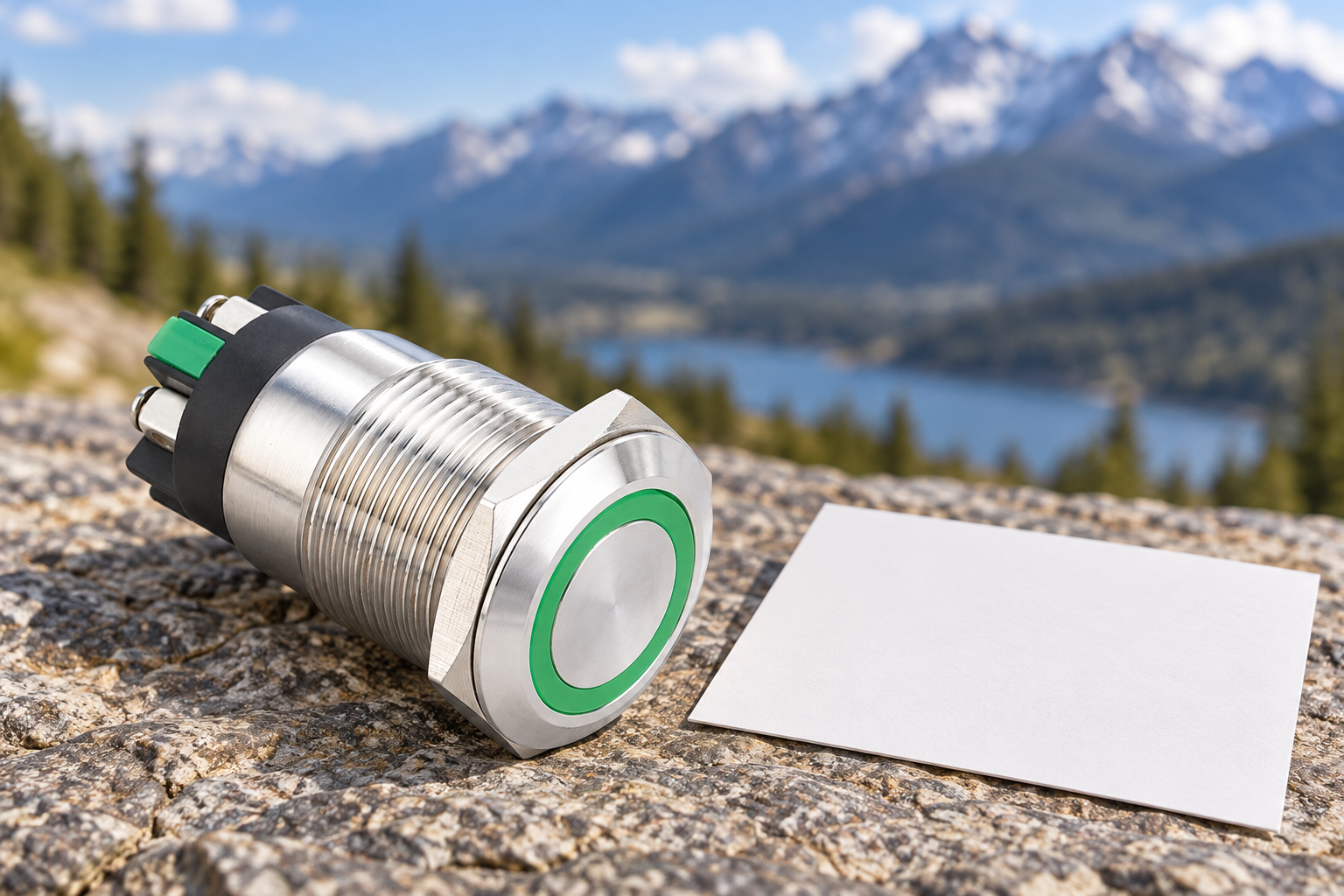 ONPOW metal push button with a mountain backdrop illustrating an altitude enquiry