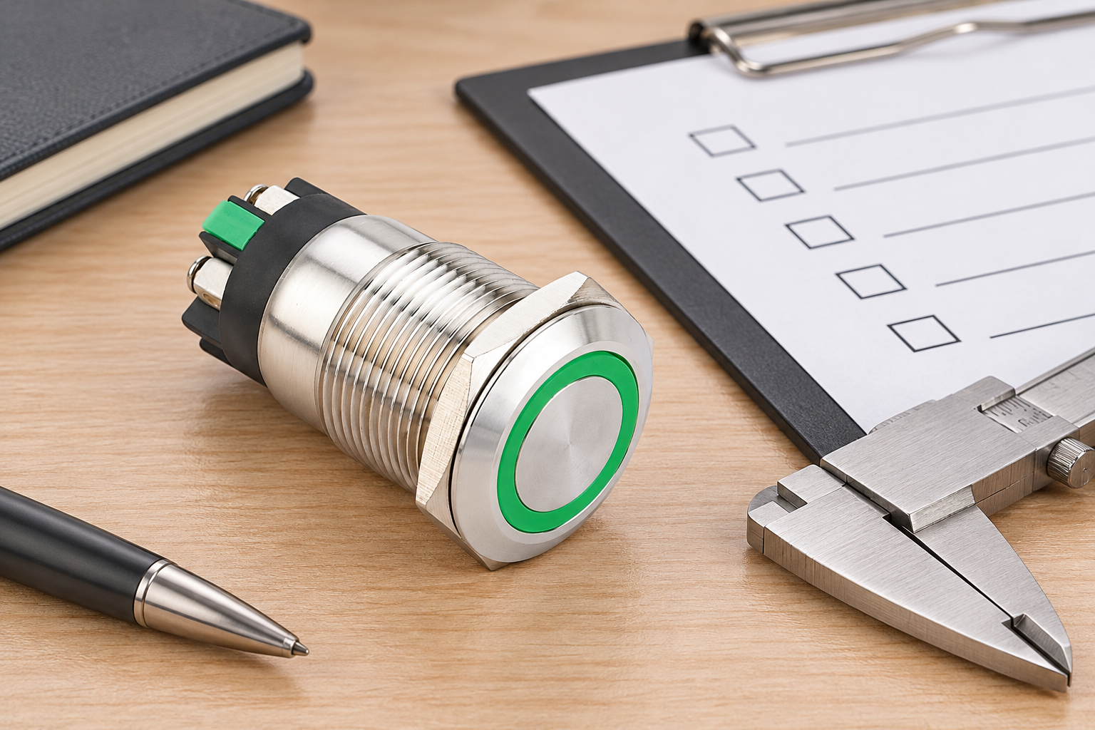 ONPOW metal push button beside a blank insulation review checklist