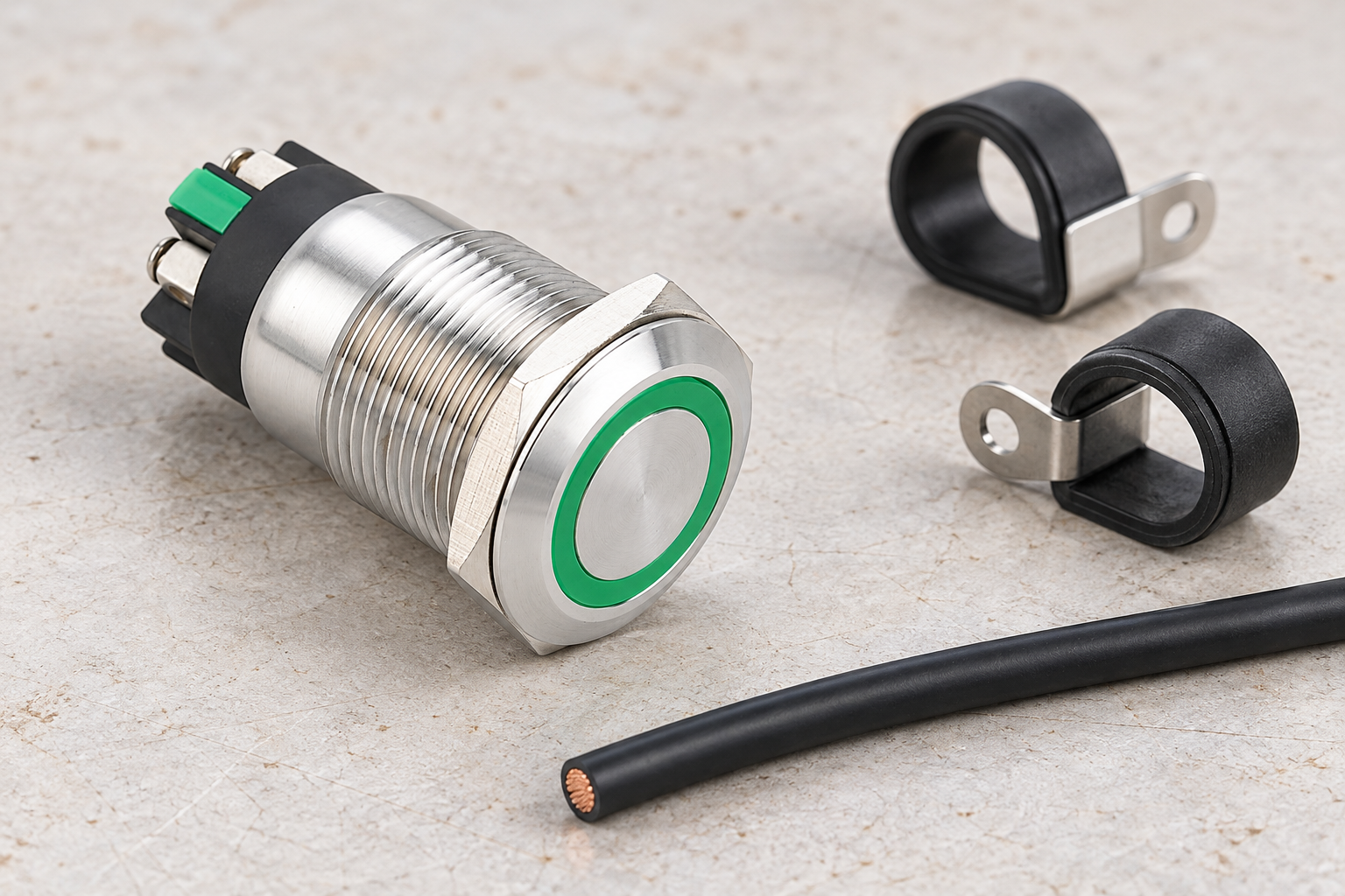 Intact push button beside two detached cable supports and a separate cable