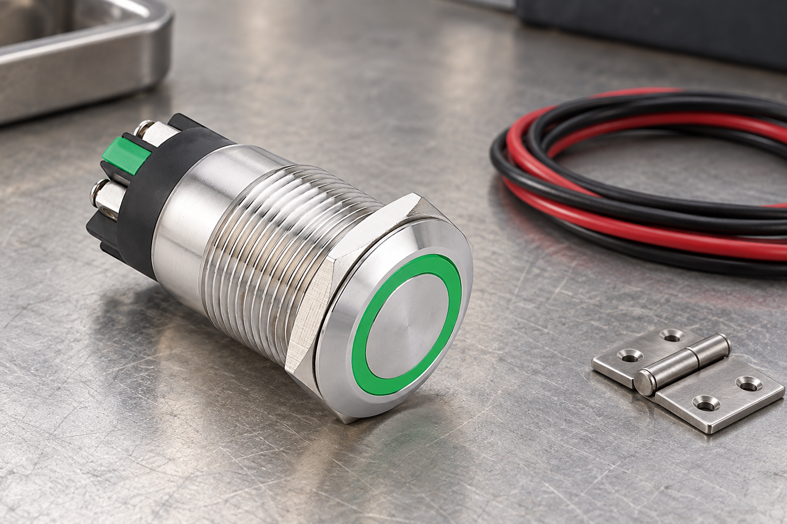 Intact push button beside a disconnected cable loop and detached hinge