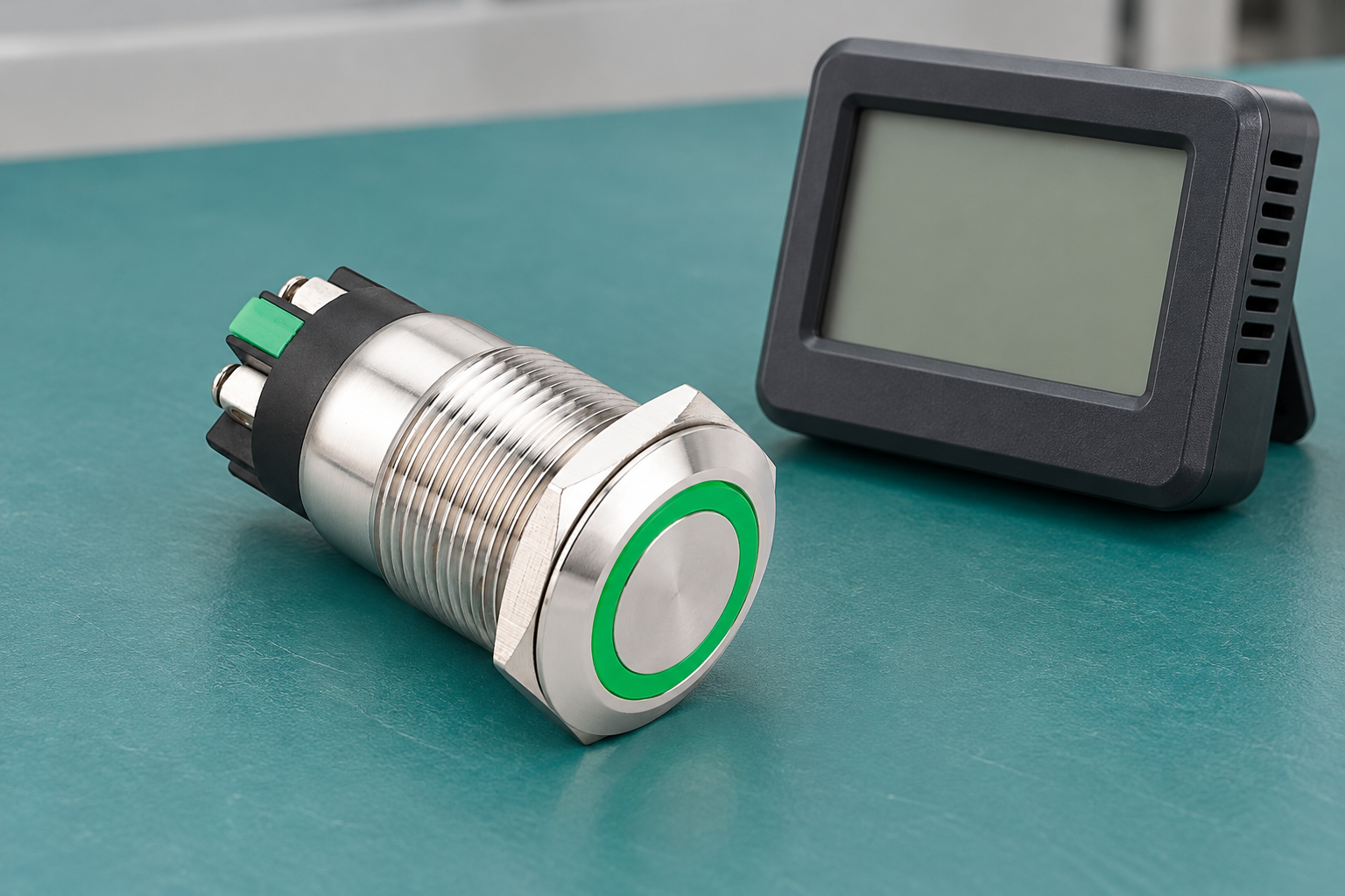 ONPOW metal push button beside a separate humidity meter for report review