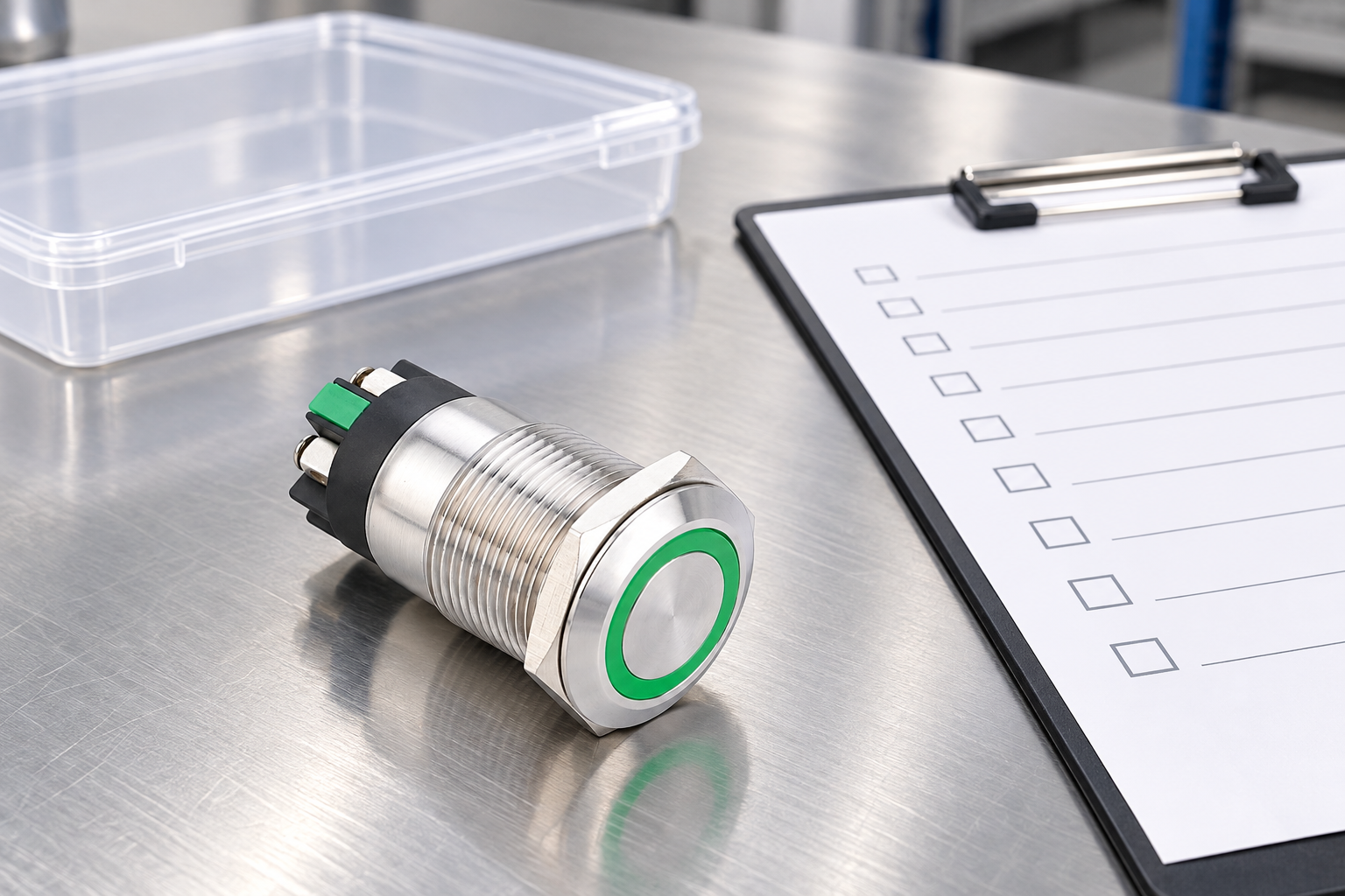 ONPOW green ring push button with a blank receiving inspection checklist