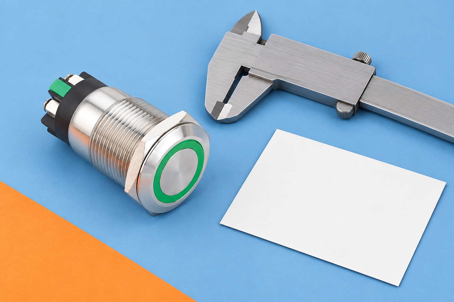 ONPOW metal push button beside a separate caliper and blank approval card