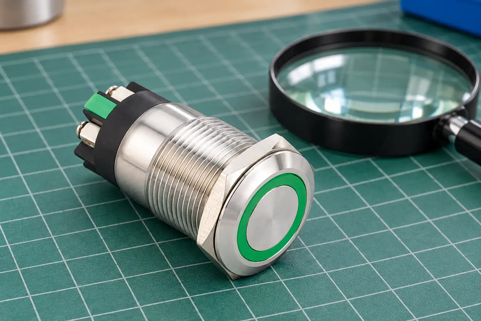 Metal push button beside a magnifying glass on an inspection mat