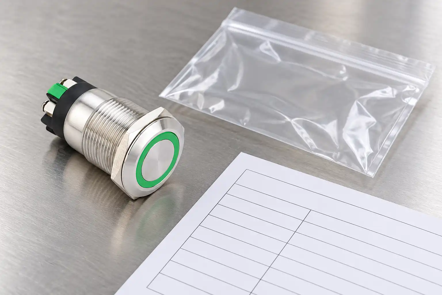 Metal push button beside a receiving bag and blank batch record
