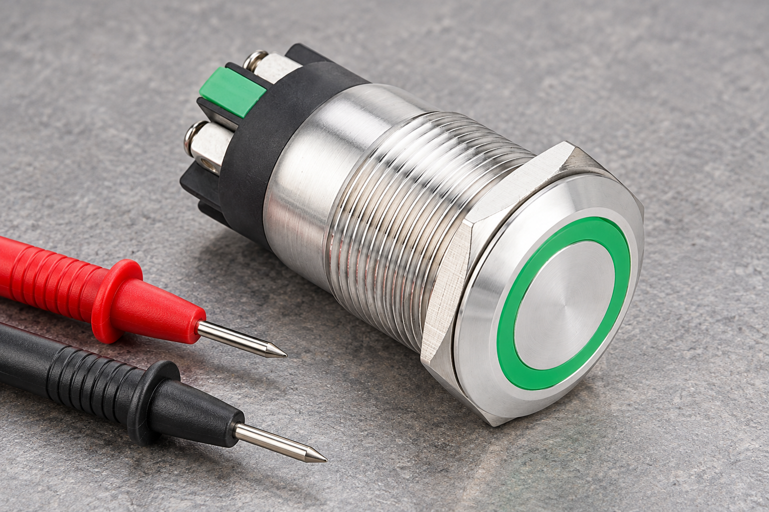 Intact screw-terminal switch beside disconnected meter probes