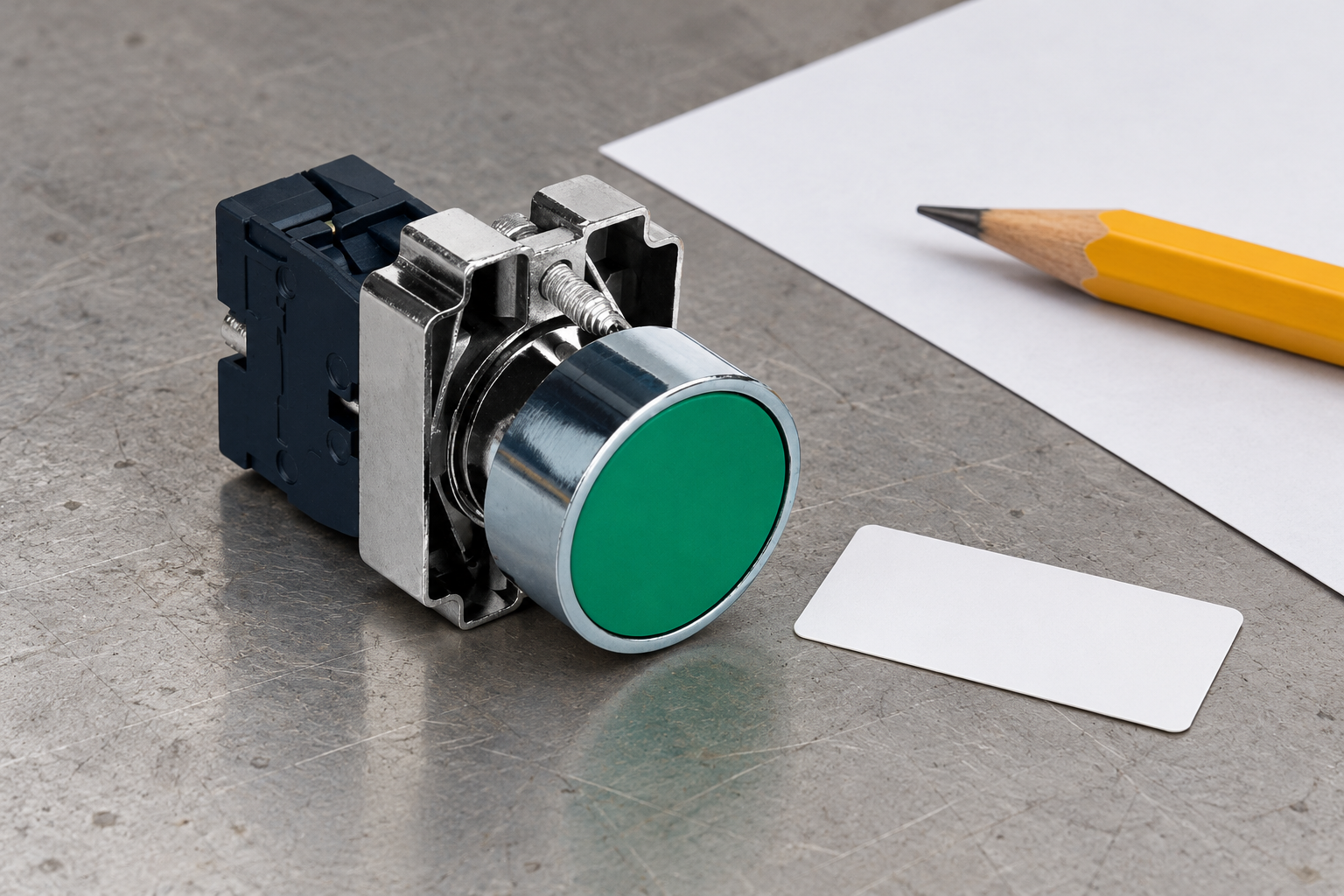 Unmounted green push button beside a blank label and layout sheet