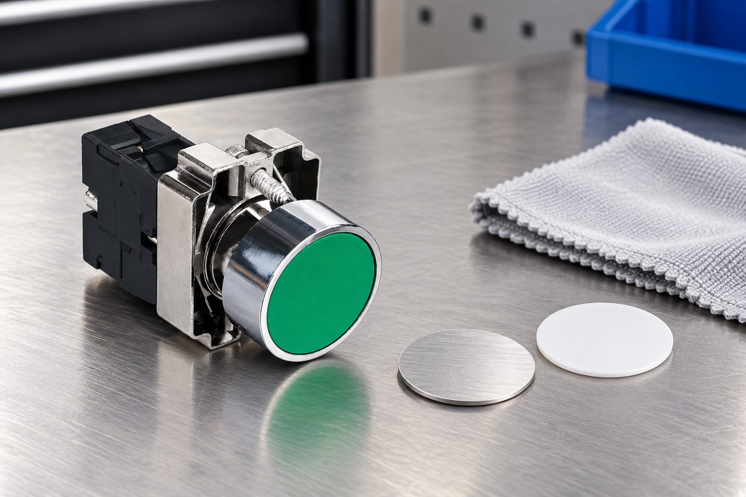 Green push button beside separate blank metal and polymer label samples