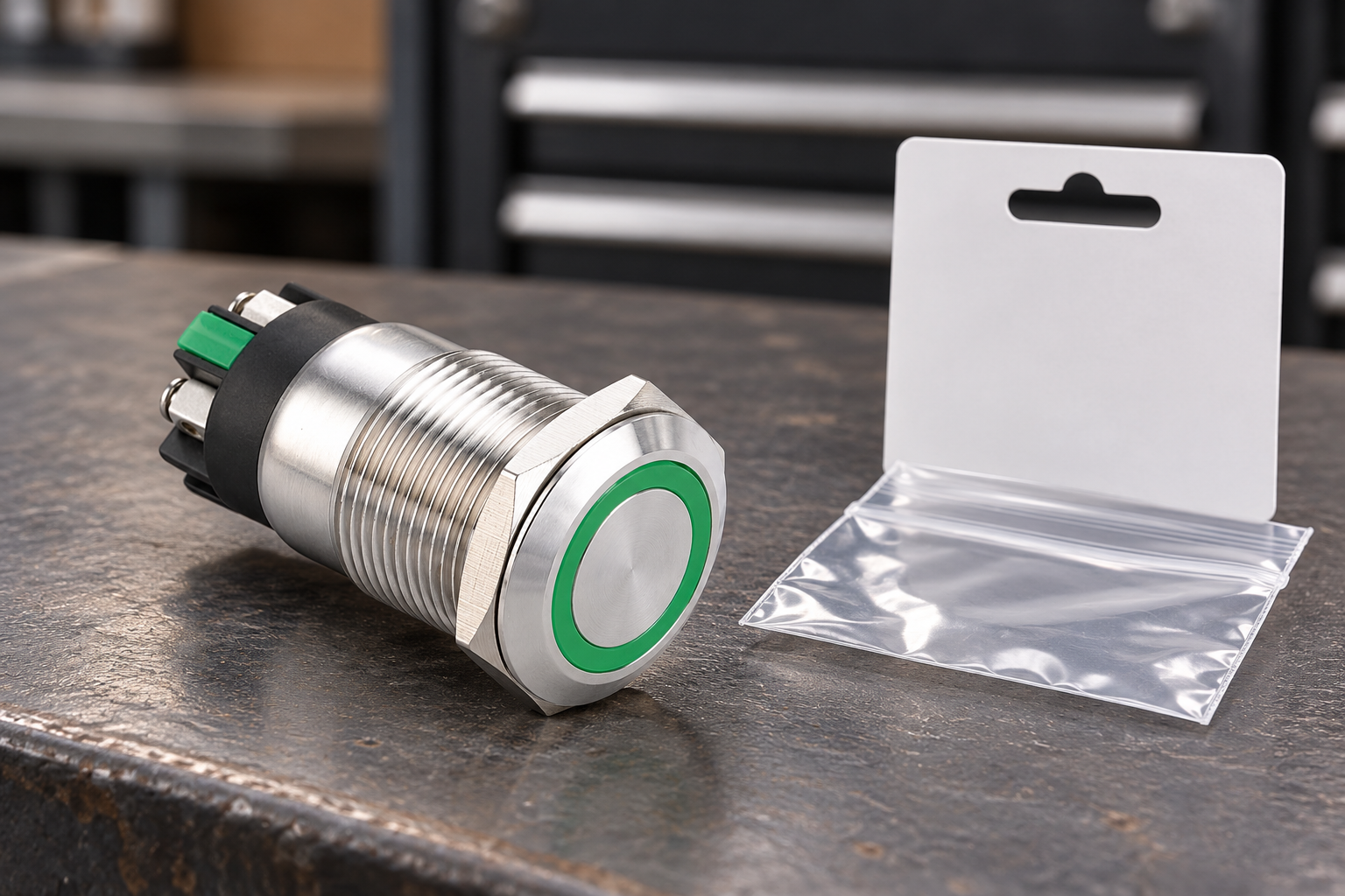 ONPOW metal push button beside a separate parts bag and maintenance identification card
