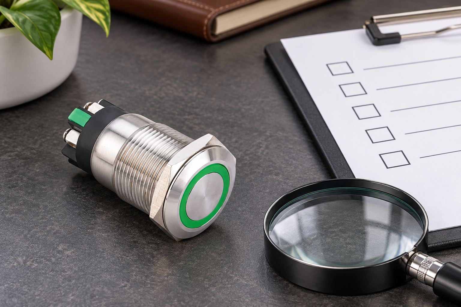Reference-based illustration of a green-ring stainless push button beside a separate checklist and magnifier