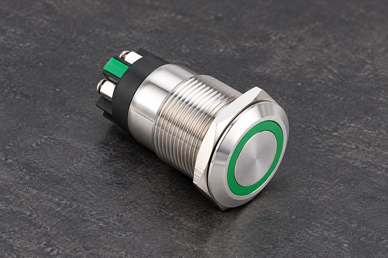 Close view of threaded switch mounting barrel and retaining nut