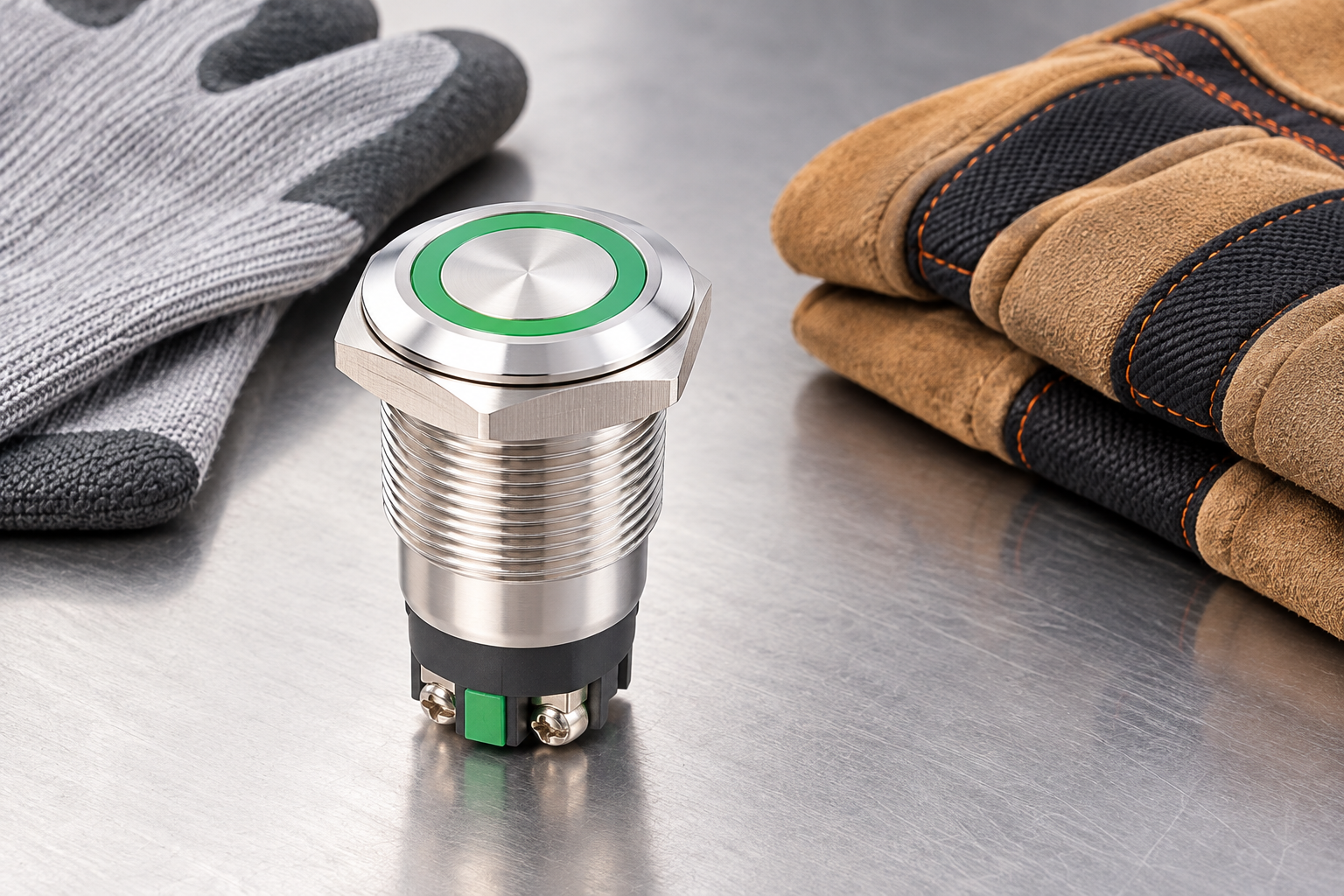 Reference-based illustration of a stainless ring-lit push button standing beside two folded work gloves