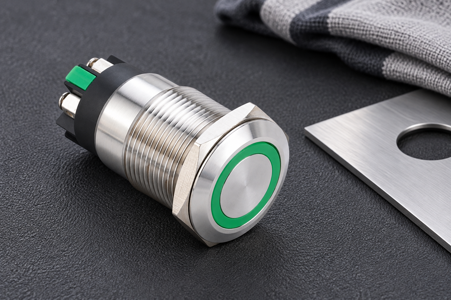 Reference-based illustration of a stainless ring-lit push button beside a separate panel coupon and glove