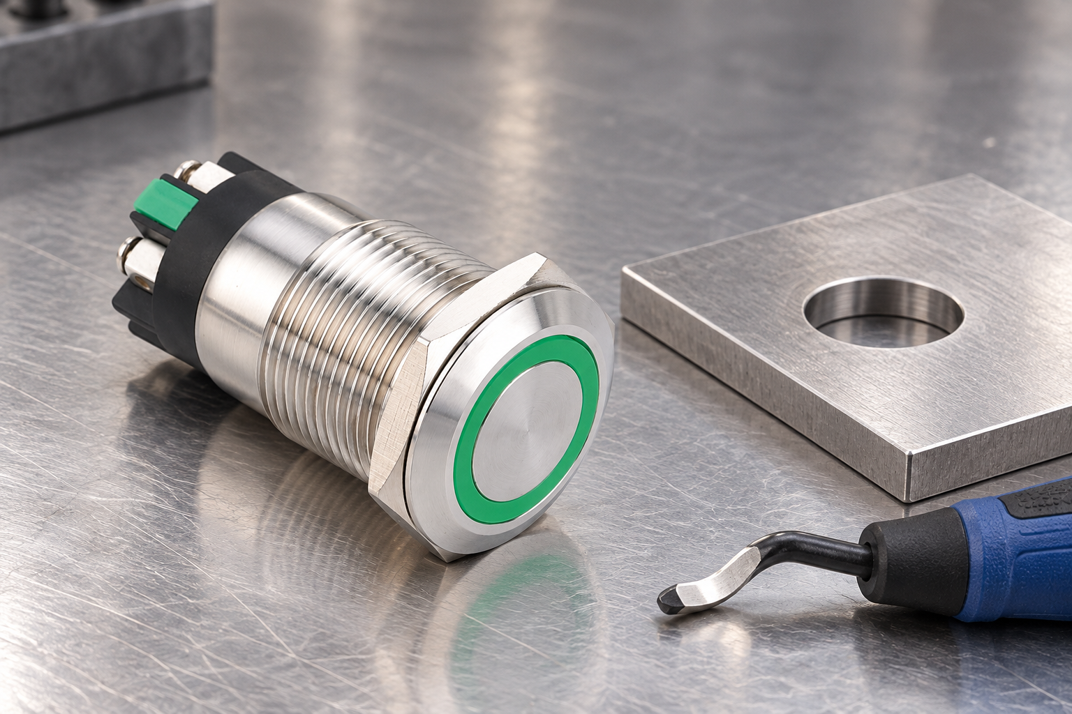 Intact switch beside an unassembled panel coupon and detached deburring tool