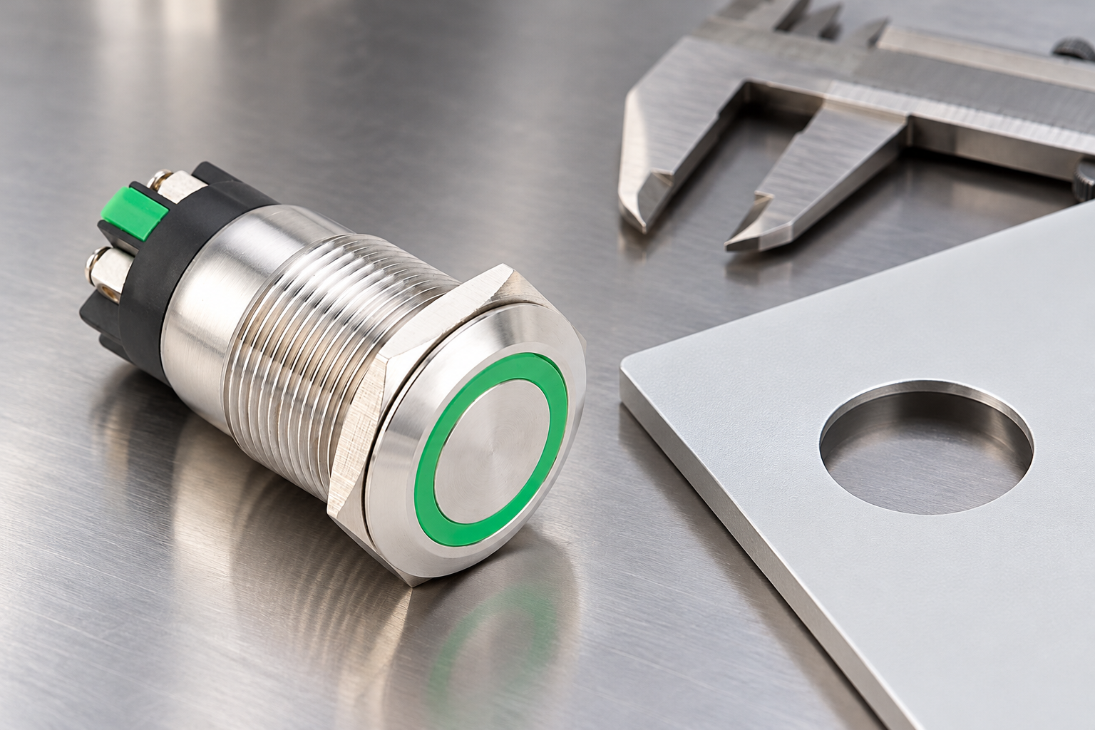 Intact switch beside a coated panel sample and disconnected caliper