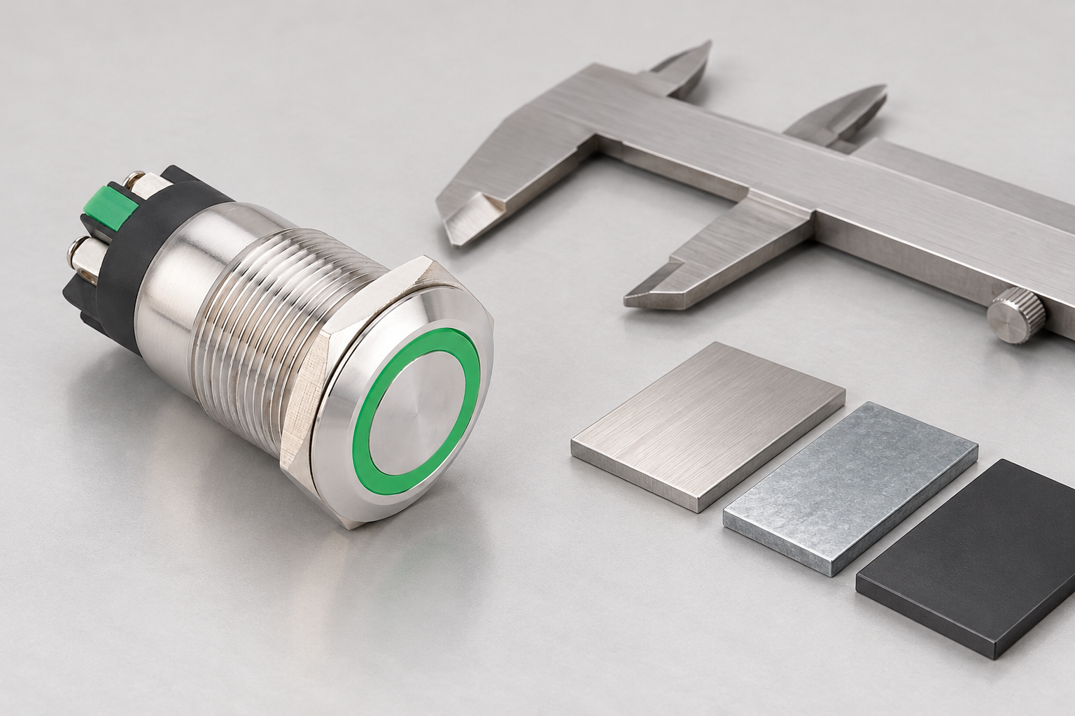 Green-ring switch beside caliper and panel material samples
