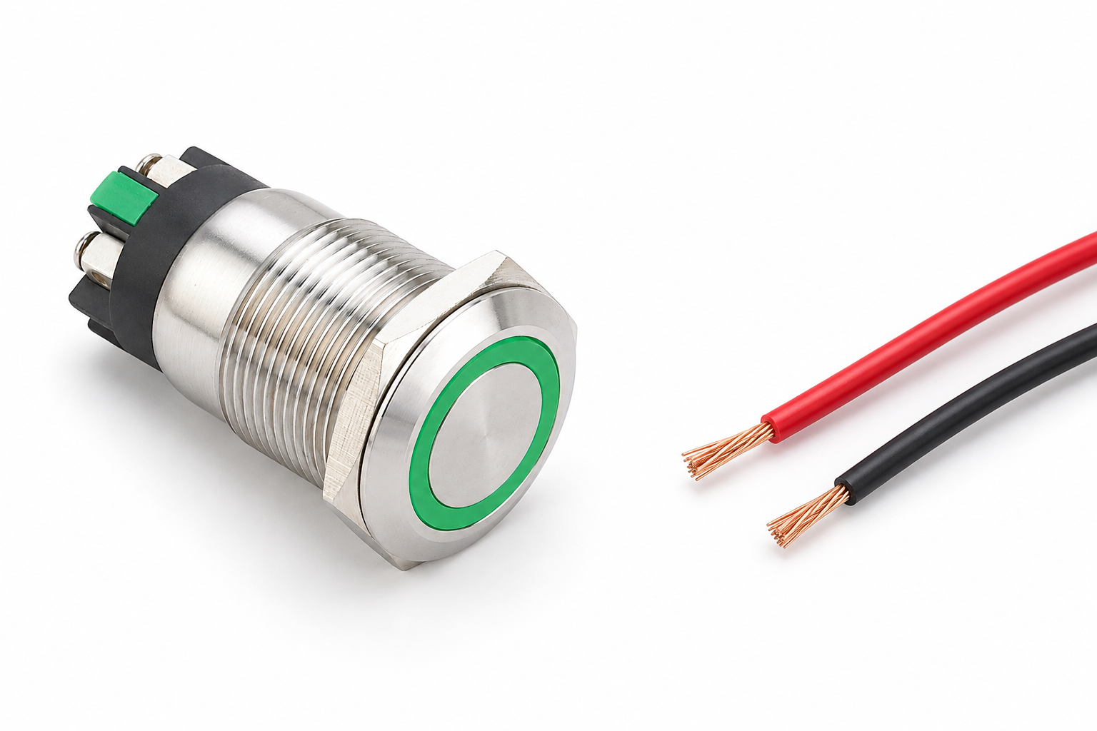 Intact green-ring button beside two loose insulated wires