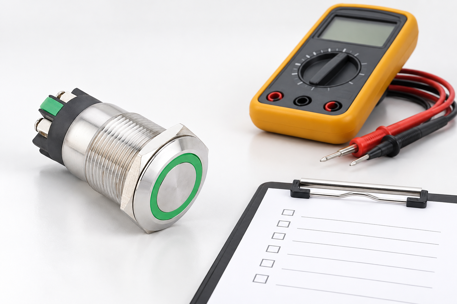 Intact green-ring button beside a disconnected meter and blank inspection checklist