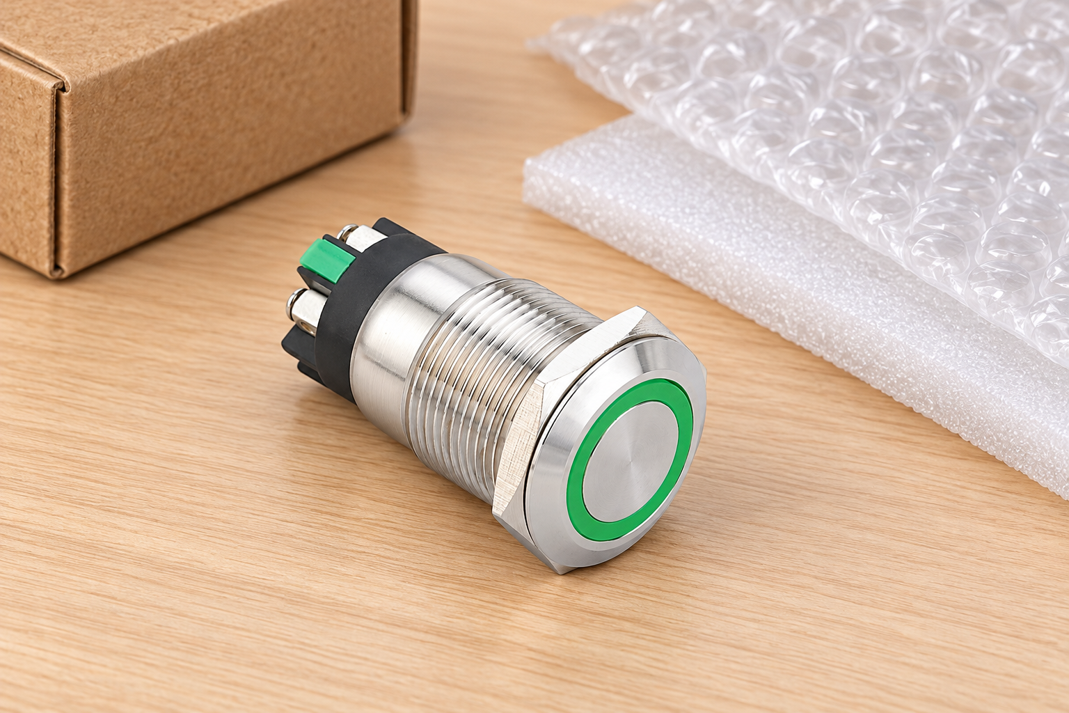 Reference-based illustration of a green-ring stainless push button beside separate cushioning material and a carton