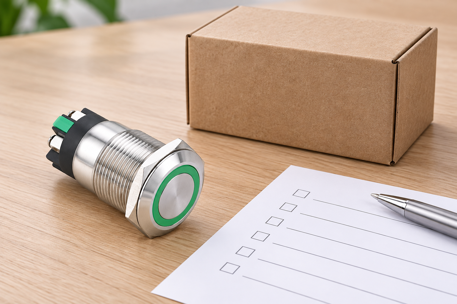 Reference-based illustration of a green-ring stainless push button beside a closed parcel carton and inspection sheet