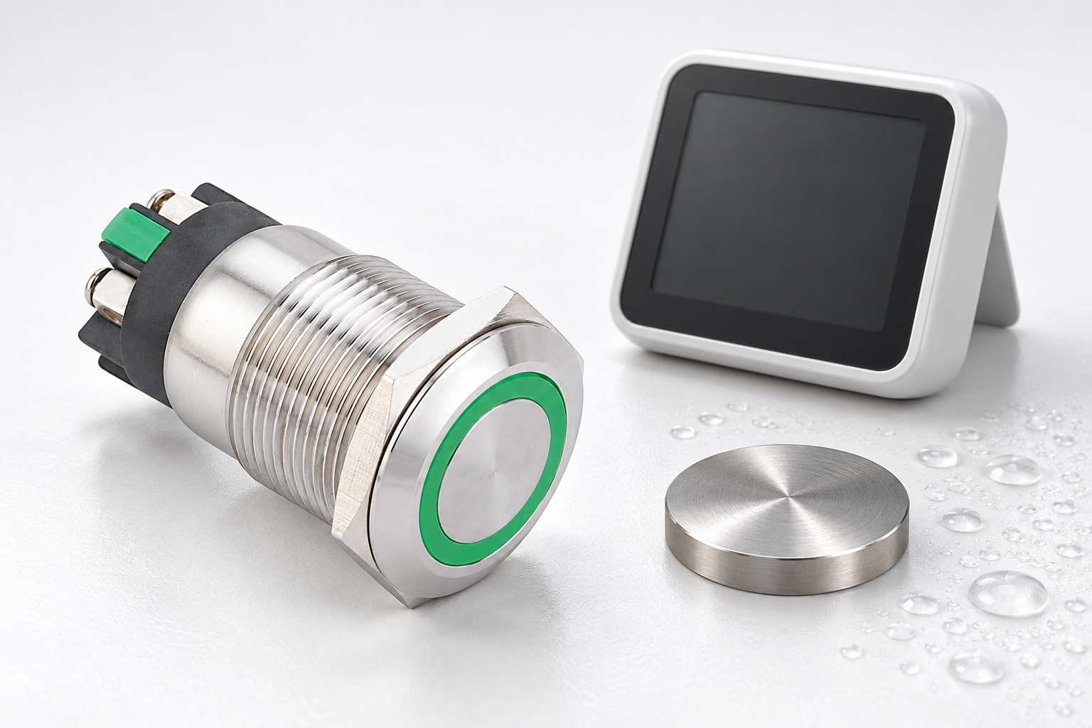 Dry intact green-ring button beside a separate humidity instrument and metal sample