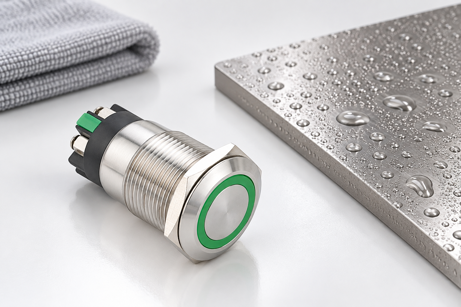 Dry intact green-ring button beside a separate wet metal sample and dry cloth
