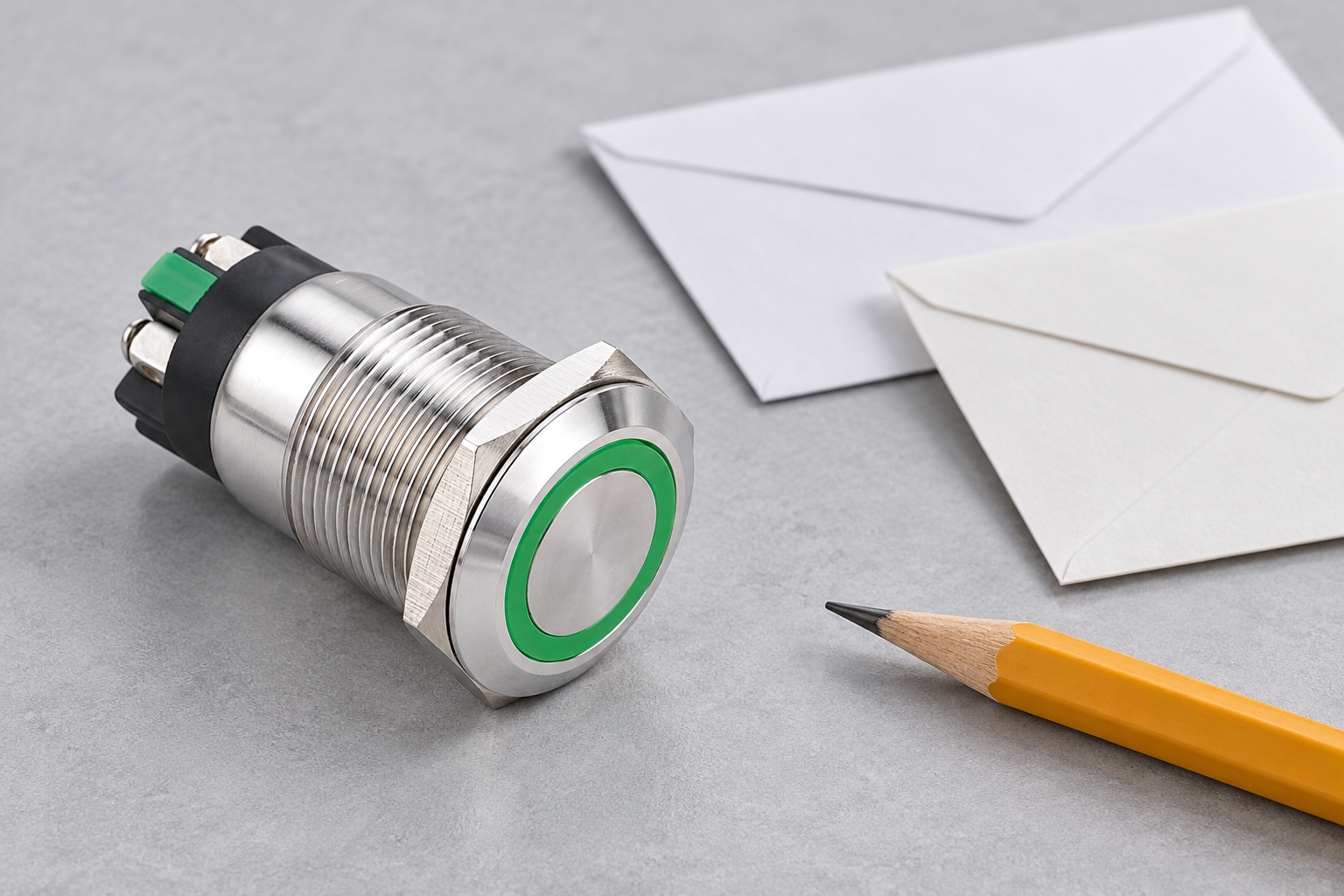 Reference-based illustration of a green-ring stainless push button beside separate blank sample envelopes and a pencil