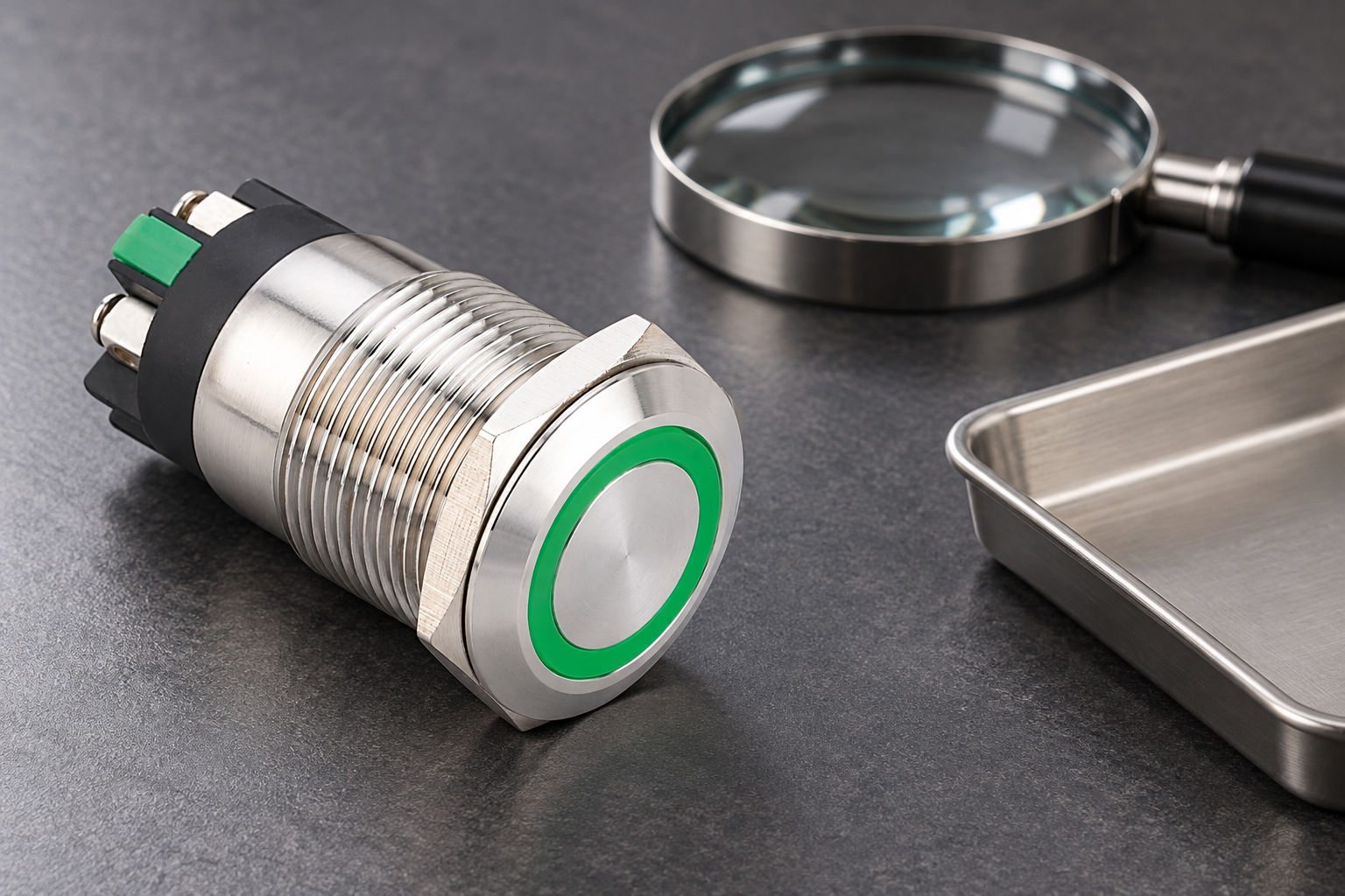 Reference-based illustration of a green-ring stainless push button beside a separate magnifier and empty tray