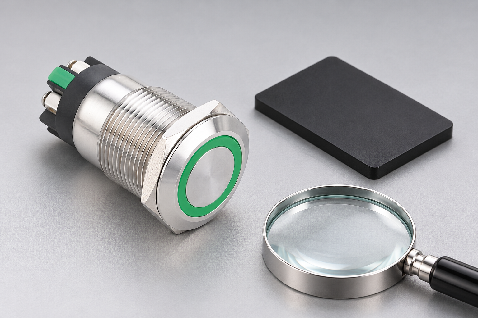 Reference-based illustration of a green-ring stainless push button beside a separate dark sample coupon and magnifying glass