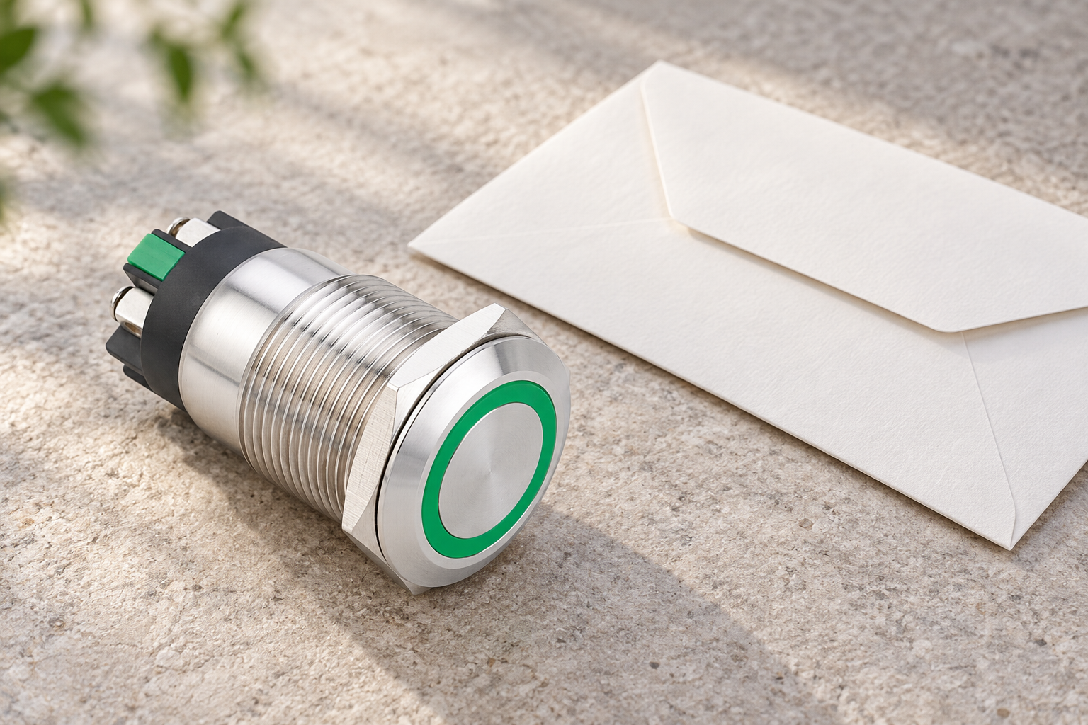 Reference-based illustration of a green-ring stainless push button beside a blank sample envelope in daylight