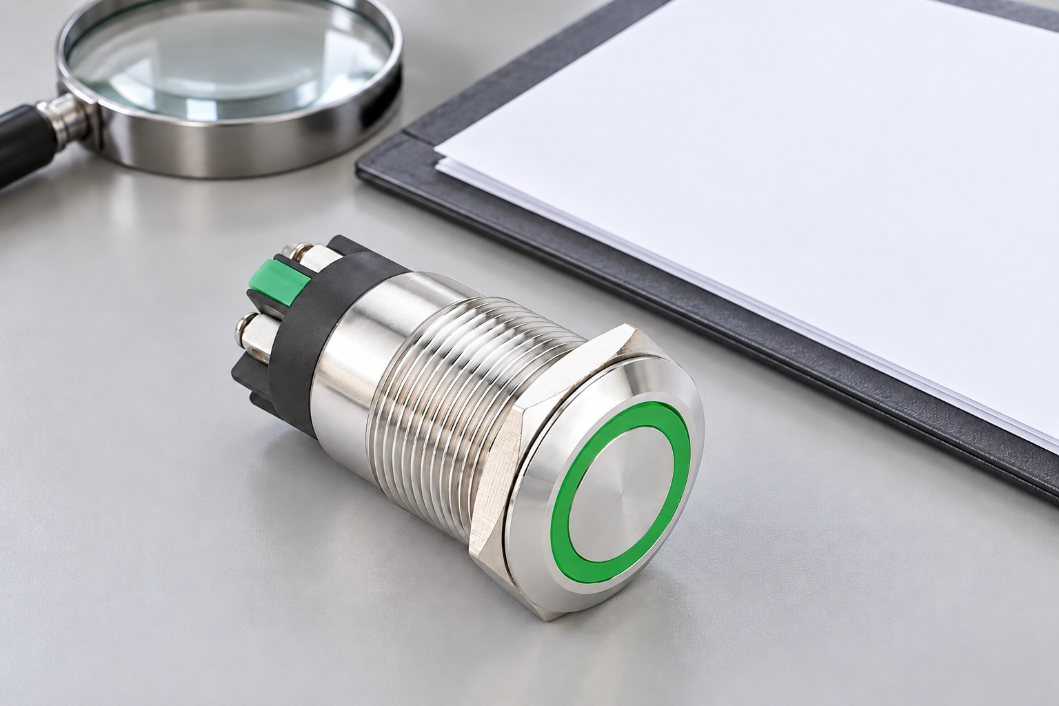 Reference-based illustration of a green-ring stainless push button beside separate blank paper and a magnifier