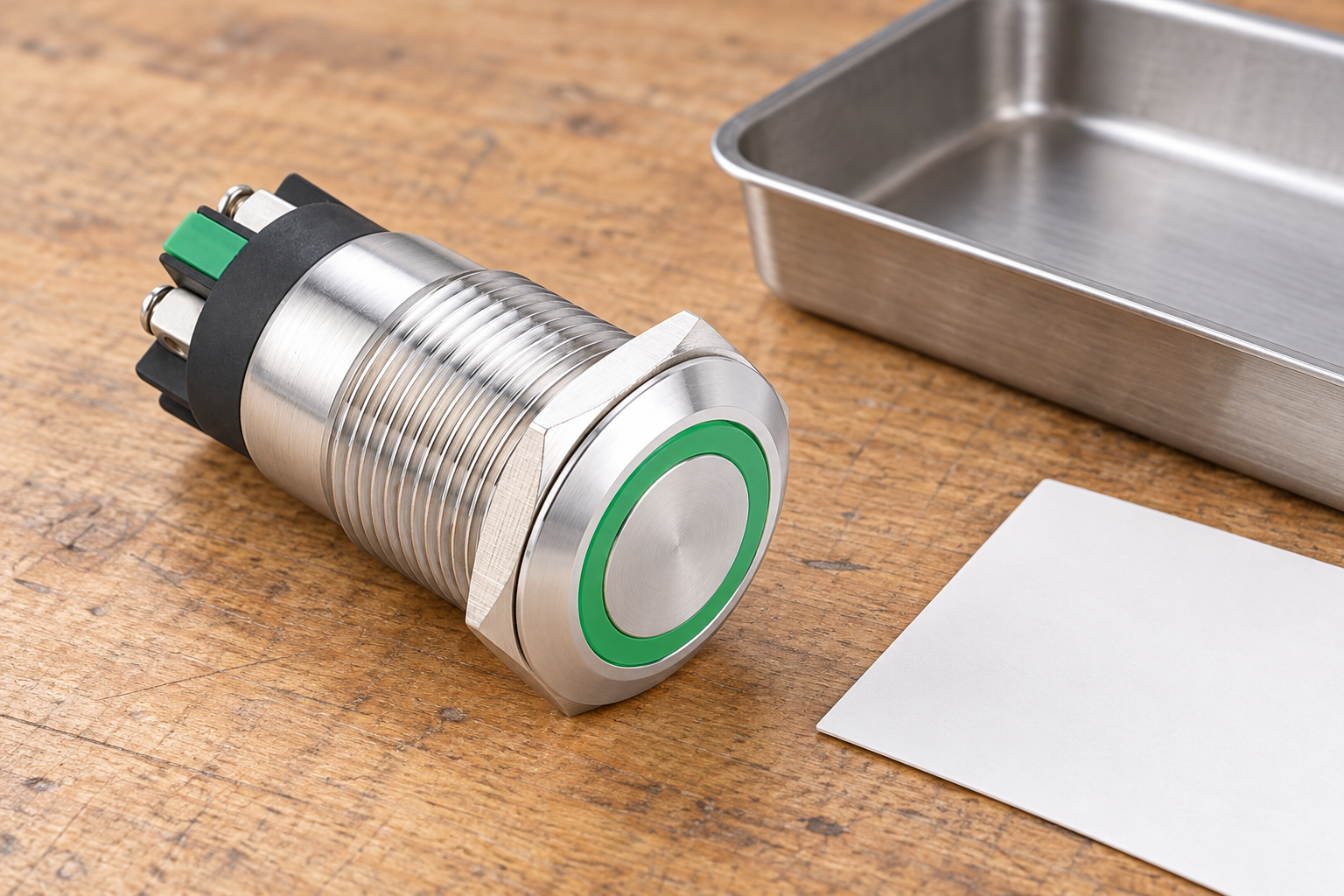 Reference-based illustration of a green-ring stainless push button beside a separate empty inspection tray and sample card