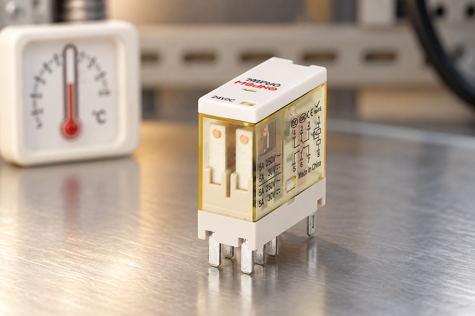ONPOW plug-in relay beside an ambient thermometer on a review bench