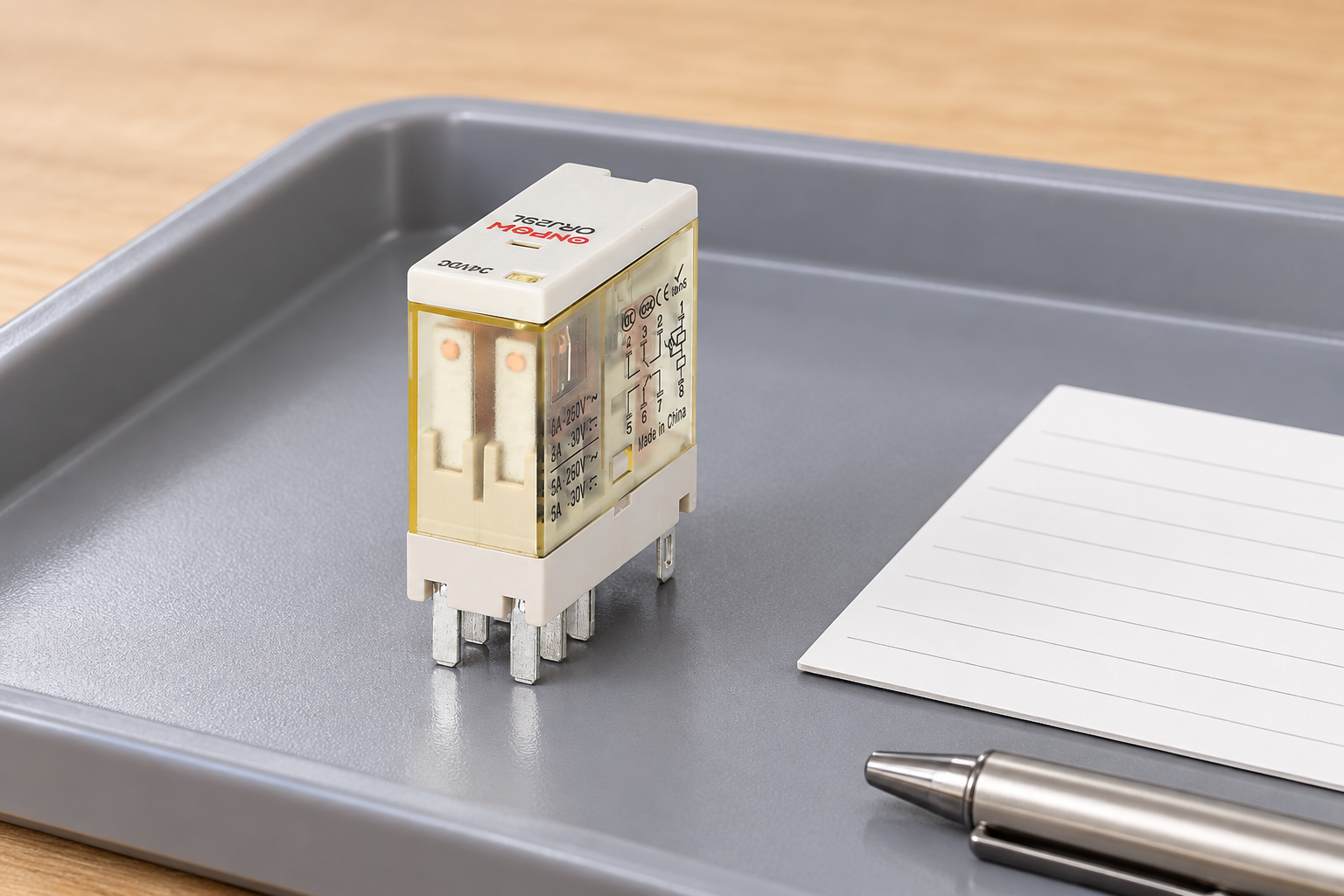 ONPOW plug-in relay on an inspection tray with a maintenance record