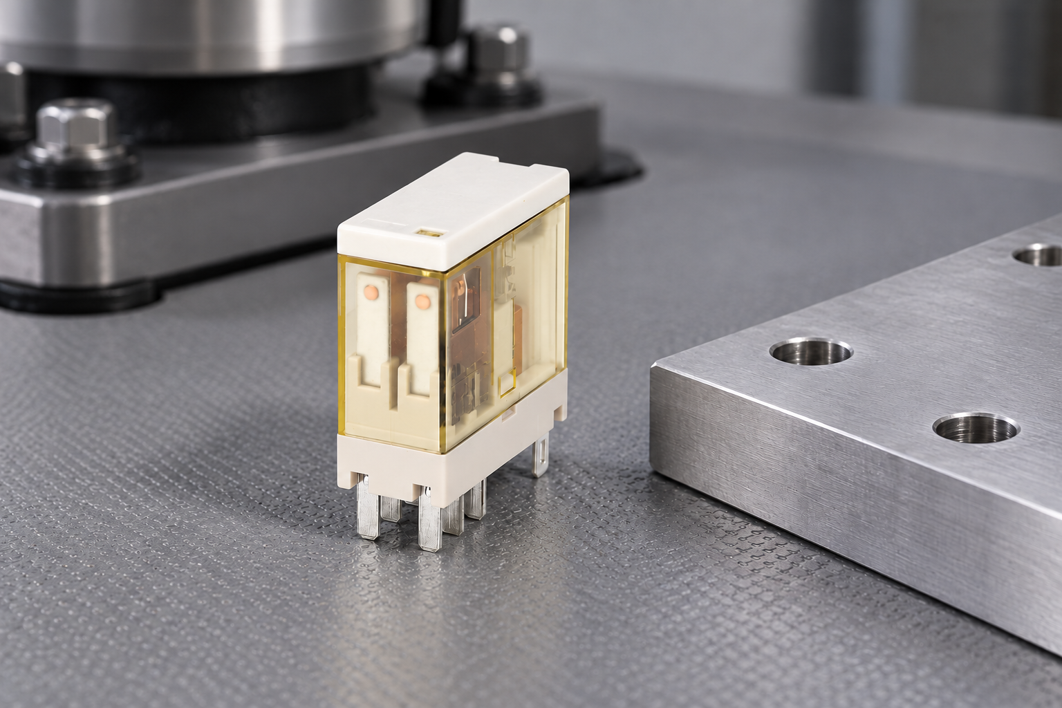 Standalone plug-in relay — case and pins beside an inspection fixture