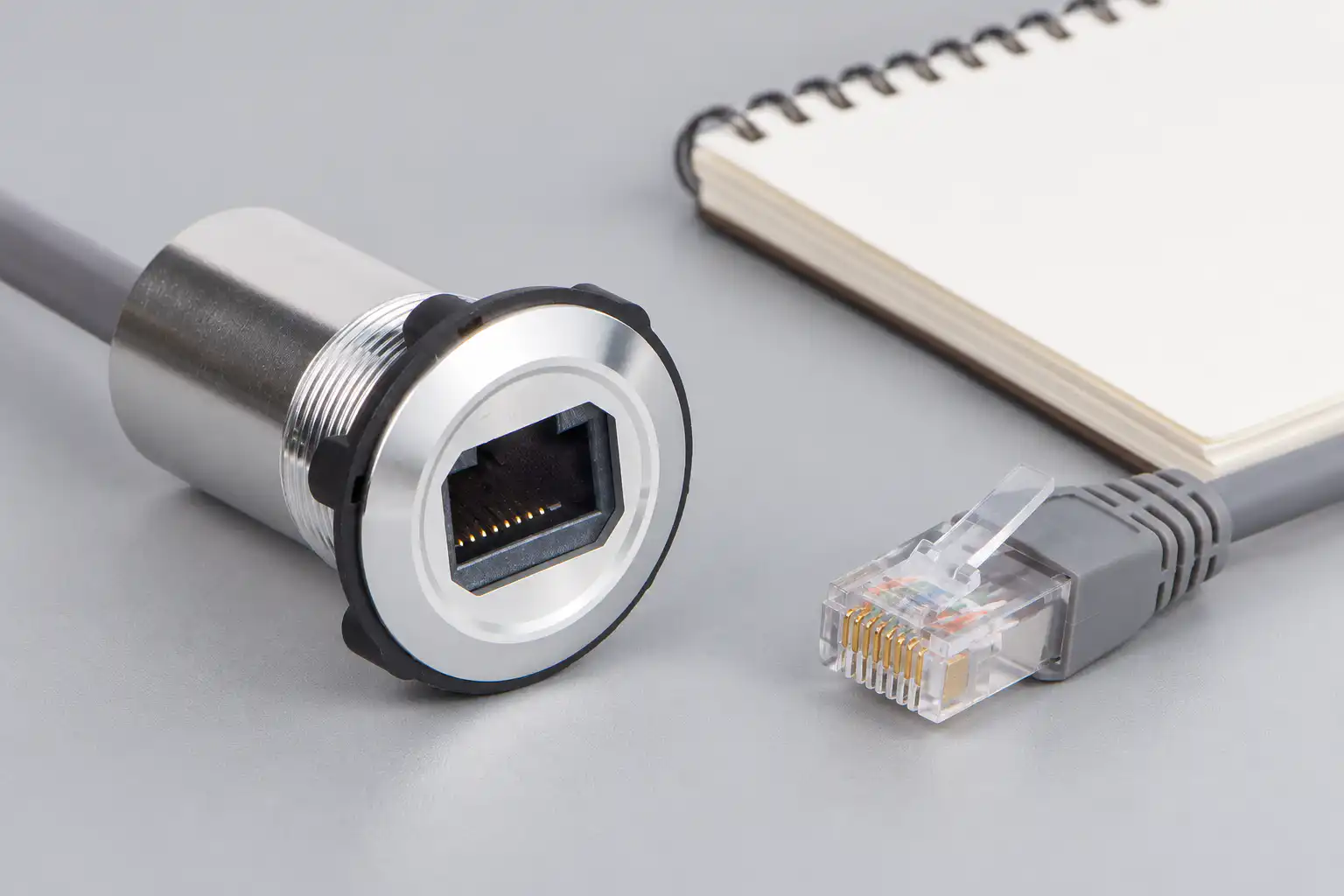 RJ45 panel connector beside a separate clear network cable plug